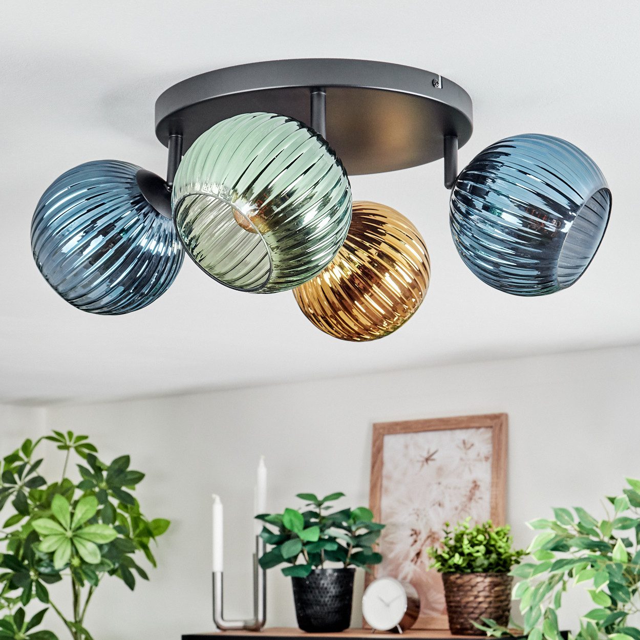 hofstein Deckenleuchte Deckenlampe aus Metall/Riffelglas in Schwarz/Blau/Grün/Goldfarben, verstellbare Deckenleuchte im Vintage-Design (Schirme Ø 15cm), 4 x E14