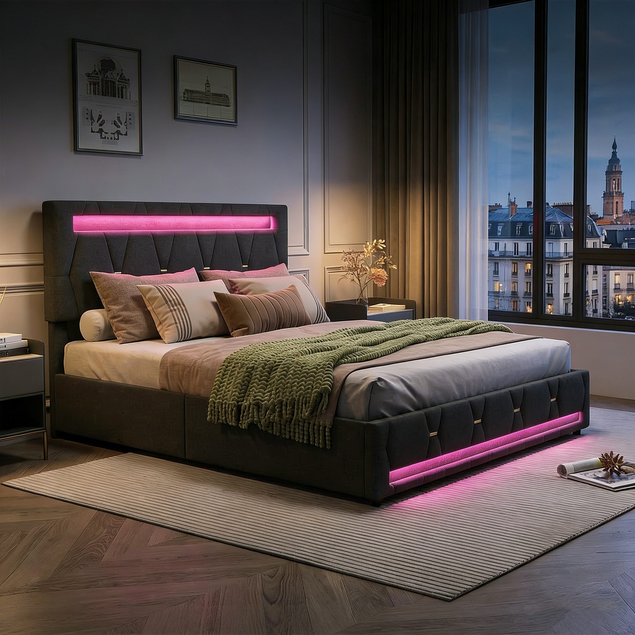 PXloue Polsterbett Stauraumbett mit Lattenrost und 4 Schubladen, LED-Beleuc günstig online kaufen