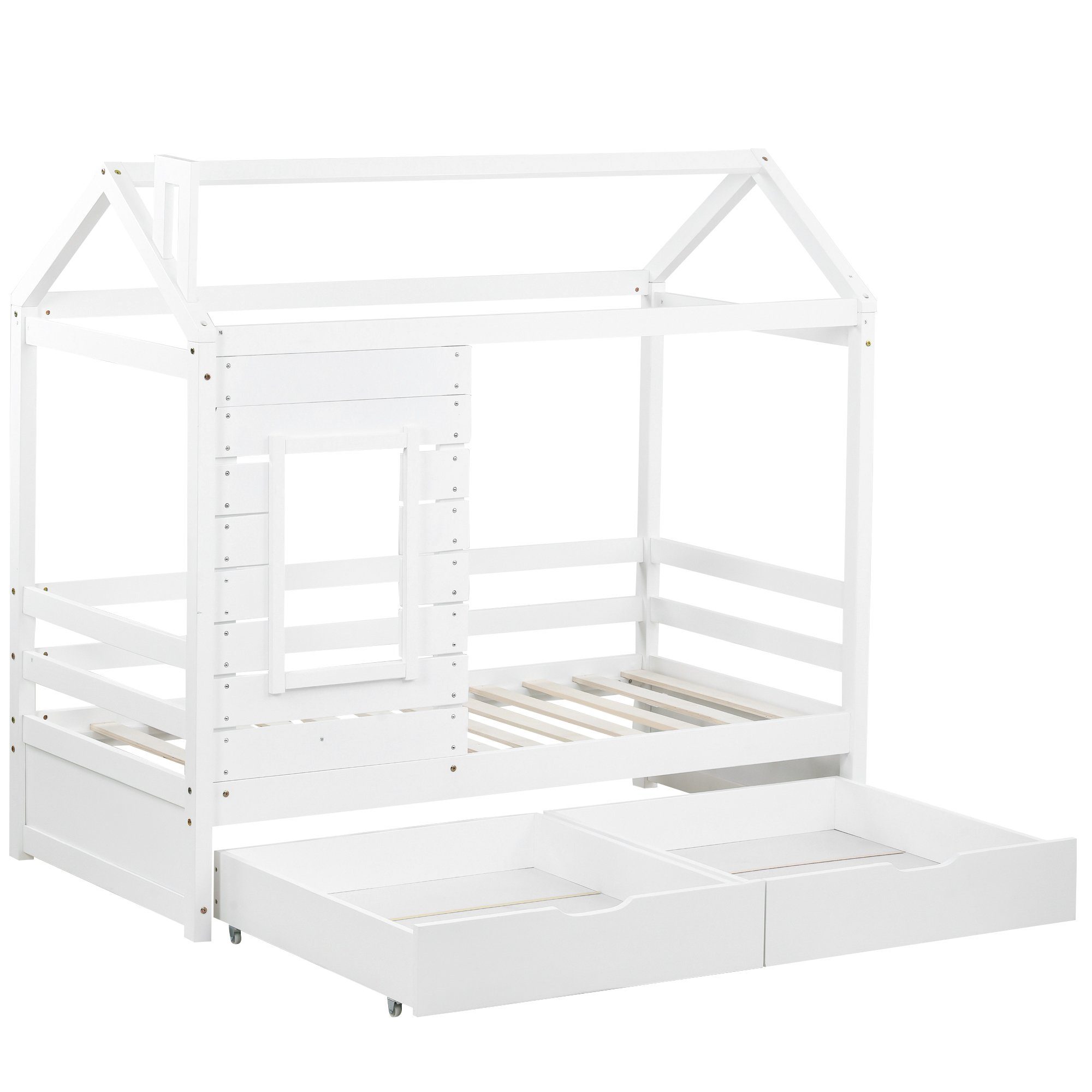 und Rausfallschutz, 2 mit SOFTWEARY cm), Kinderbett Lattenrost Kiefer (80x160 Hausbett mit Einzelbett Schubladen