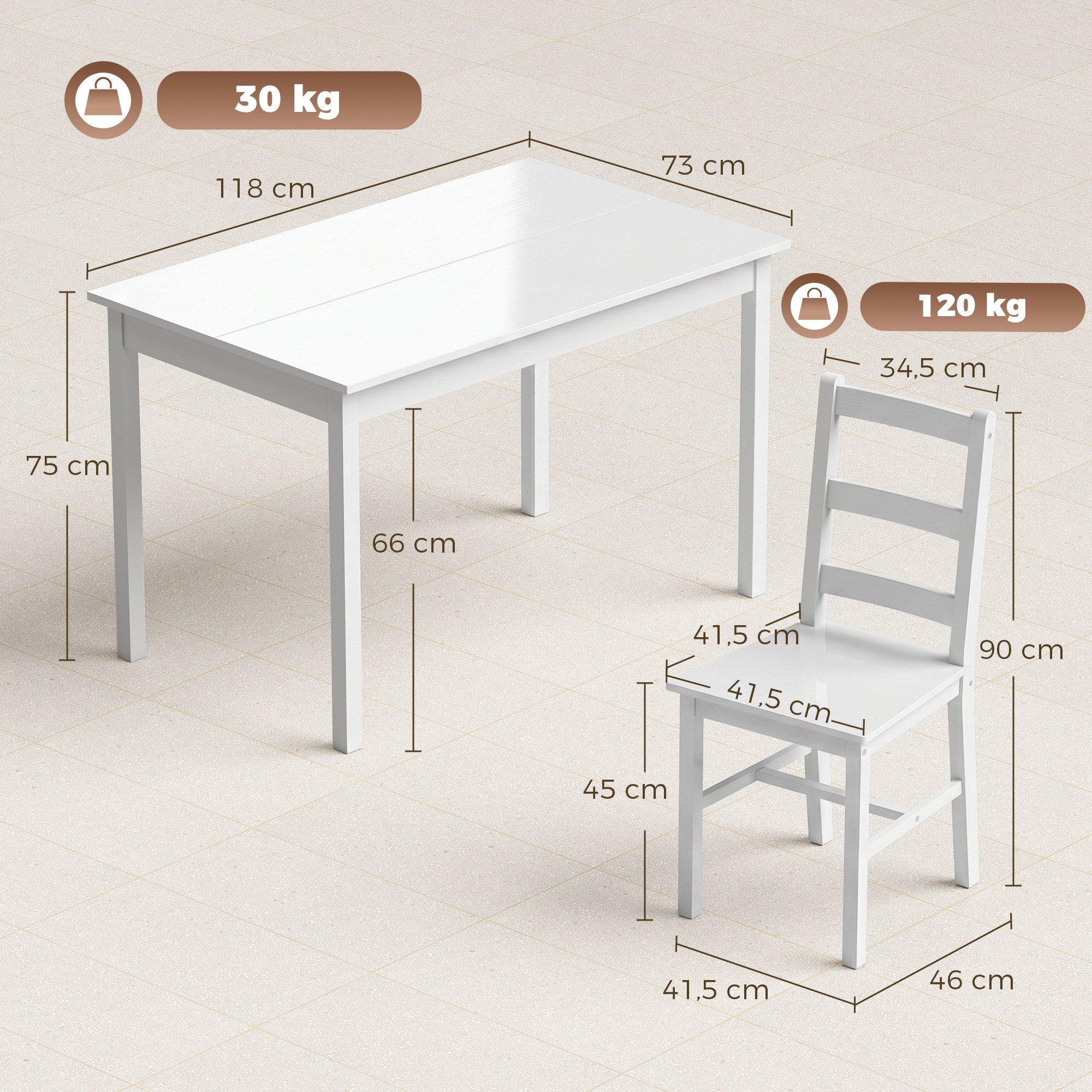 HOMCOM Essgruppe Esszimmergruppe aus Kiefernholz, (Holztisch, 5-tlg., 1 Tisch, 4 Stühle), für Kleine Räume, Esszimmer, Küche, Wohnzimmer, Weiß