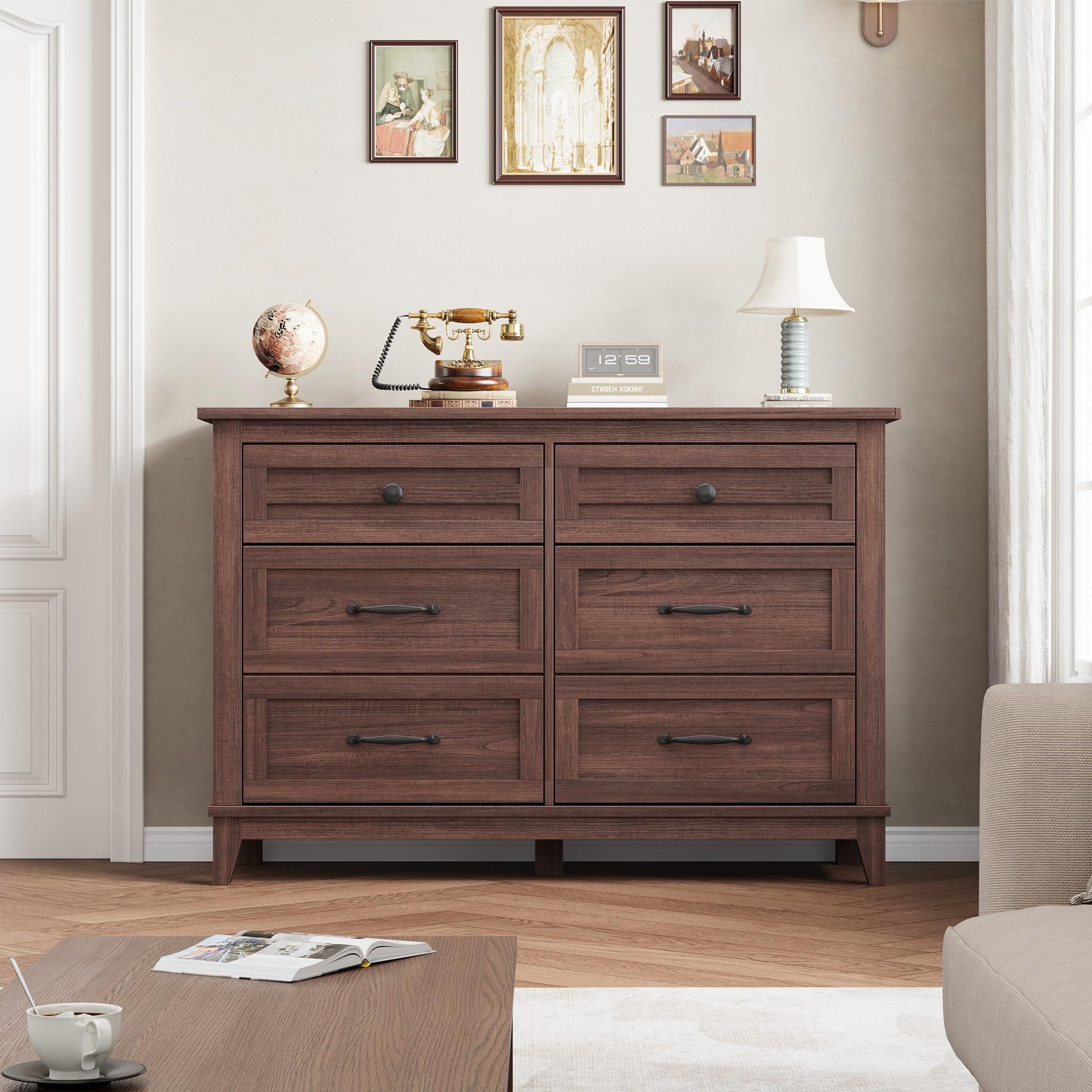 GarveeMore Kommode Schubkastenkommode Holzschrank Kombikommode Sideboard Lowboard TV-Bank, 6 Schubladen Holzkommoden Nachtkommode großem Stauraum, 120×40×82 cm