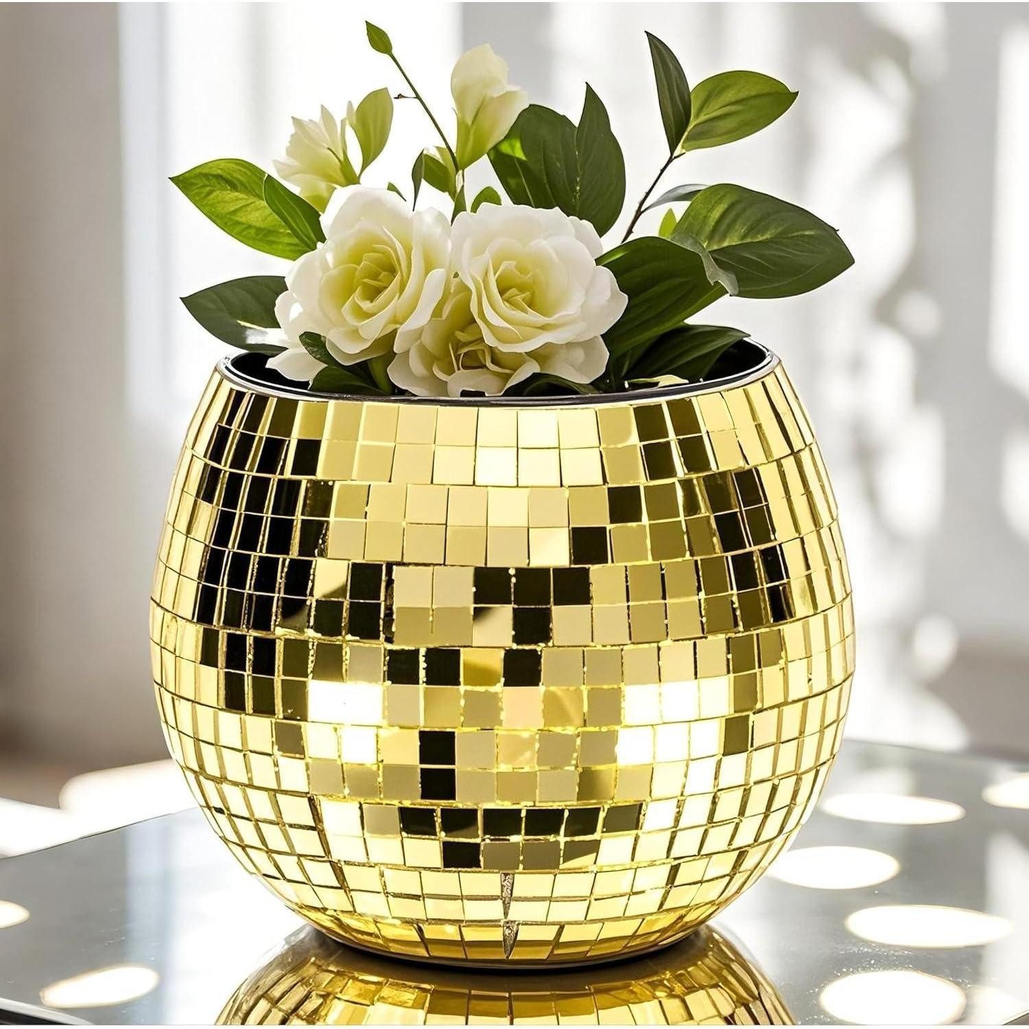 LuxusKollektion Blumentopf Blumentopf Discokugel Gold Mosaik Glas Vase Gold 8*10*10cm 3*4*4 inch