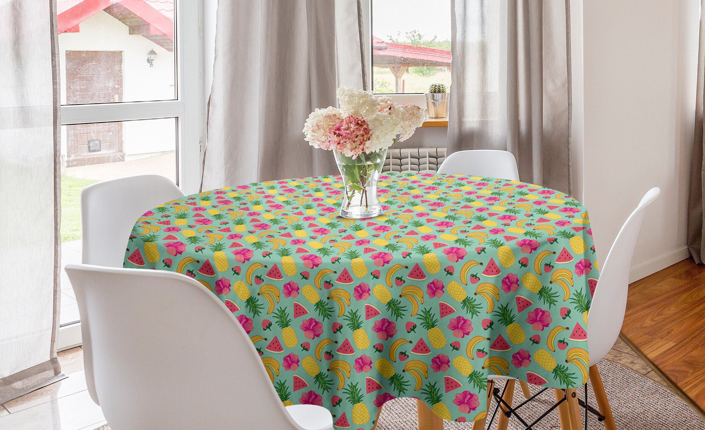 Abakuhaus Tischdecke Kreis Tischdecke Abdeckung für Esszimmer Küche Dekoration, Früchte Hibiscus-Blumen und Bananen