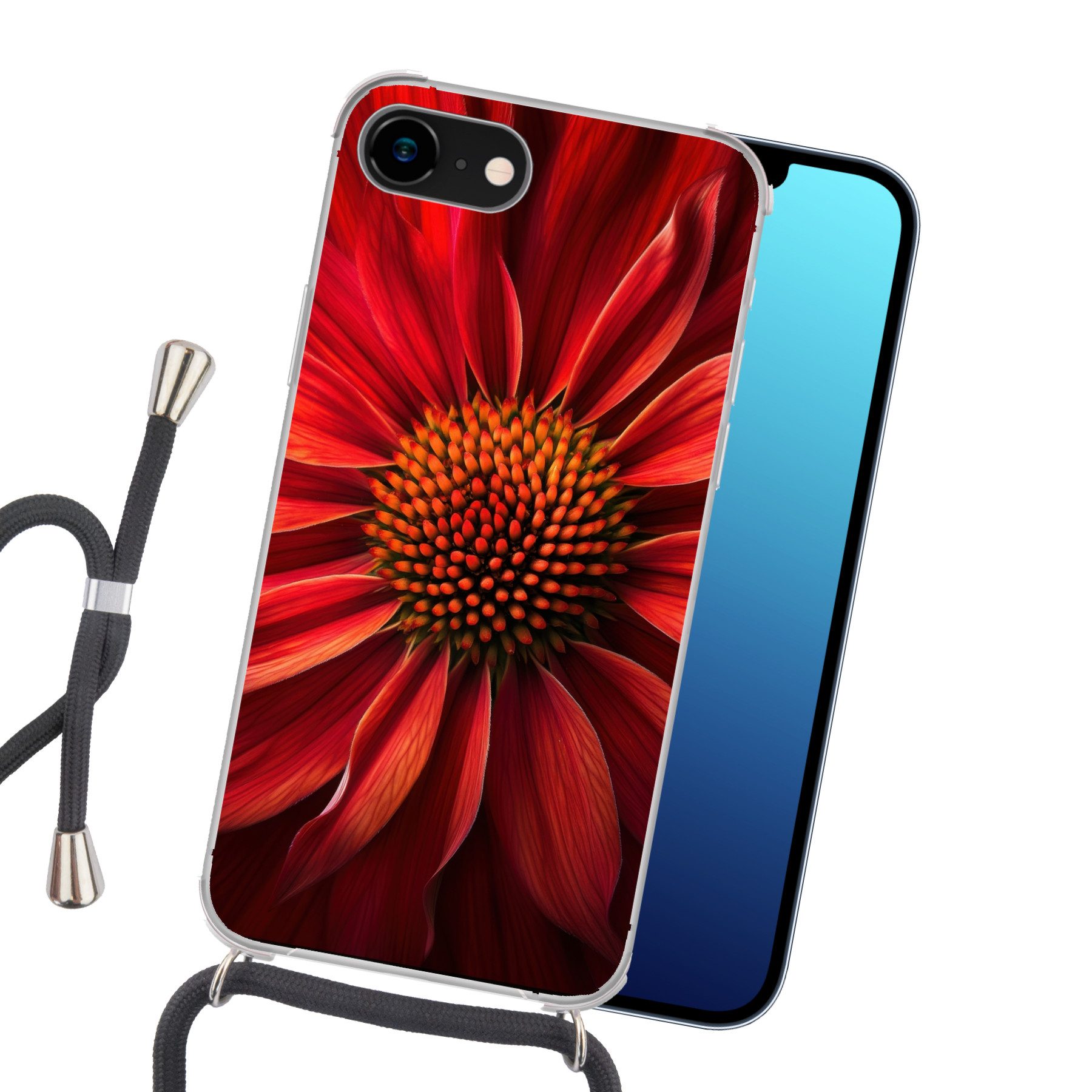 MuchoWow Handyhülle für Apple iPhone 7 Nahaufnahme - Blume - Rot, Tragbare Handyhüllen mit Kette zum umhängen, Handykette Handyband
