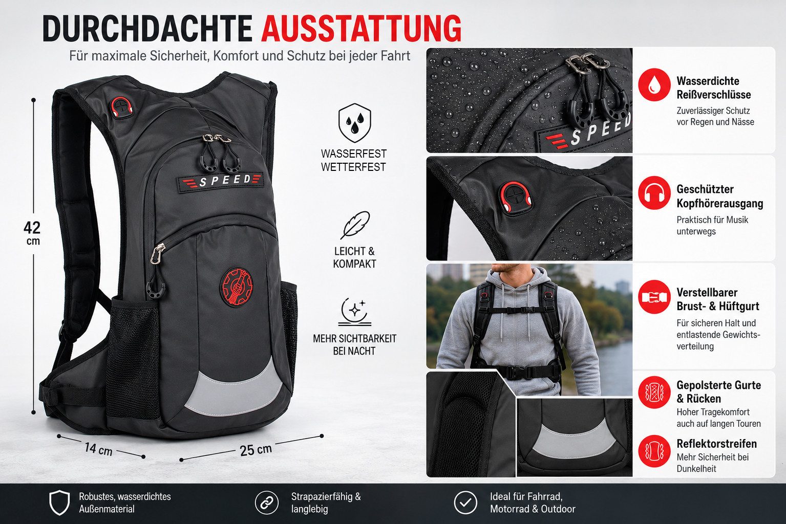 BAG STREET INTERNATIONAL Fahrradrucksack - wasserdichter Motorradrucksack - ergonomisch - Sport, Outdoor