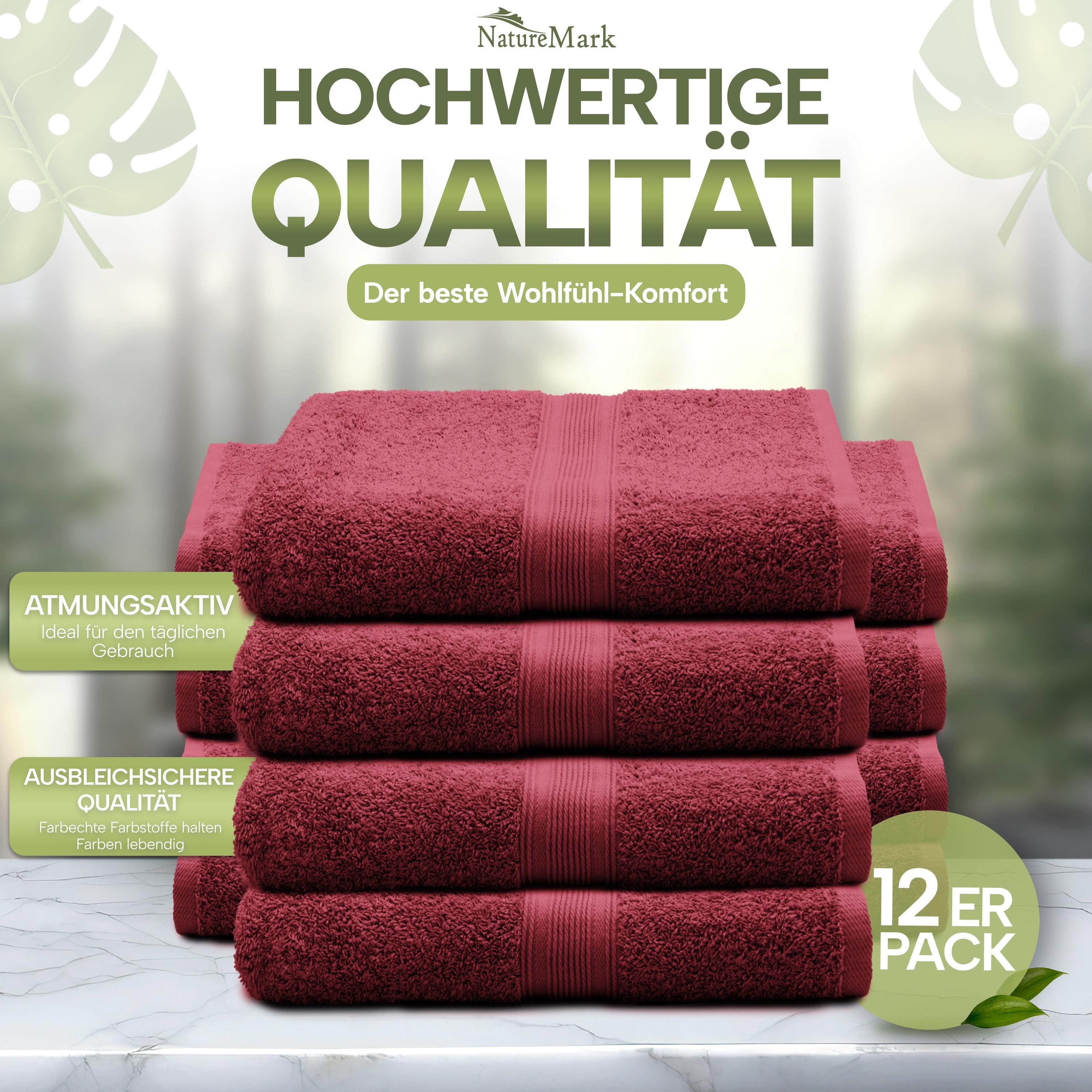 NatureMark Gästehandtuch Gästetuch 500gsm, 100% Baumwolle (12-St), Gästehandtuch Premium Qualität, 30x50cm, Bordeaux rot