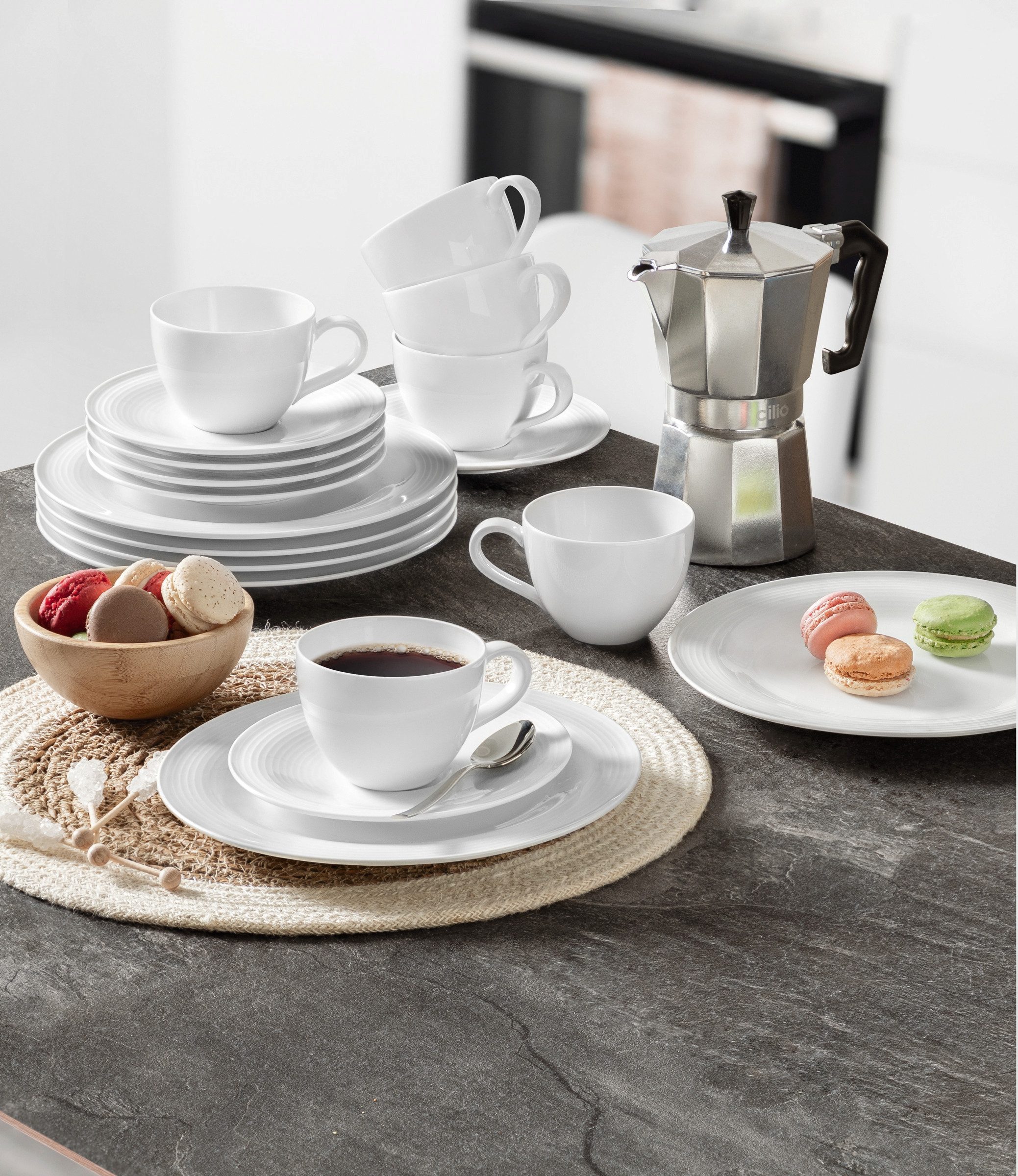 Seltmann Weiden Kaffeeservice Geschirr-Set, Service Beat (18-tlg), 6 Personen, Porzellan, Teller, Tassen, Untertassen, Rillendekor, 18 Teile, für 6 Personen
