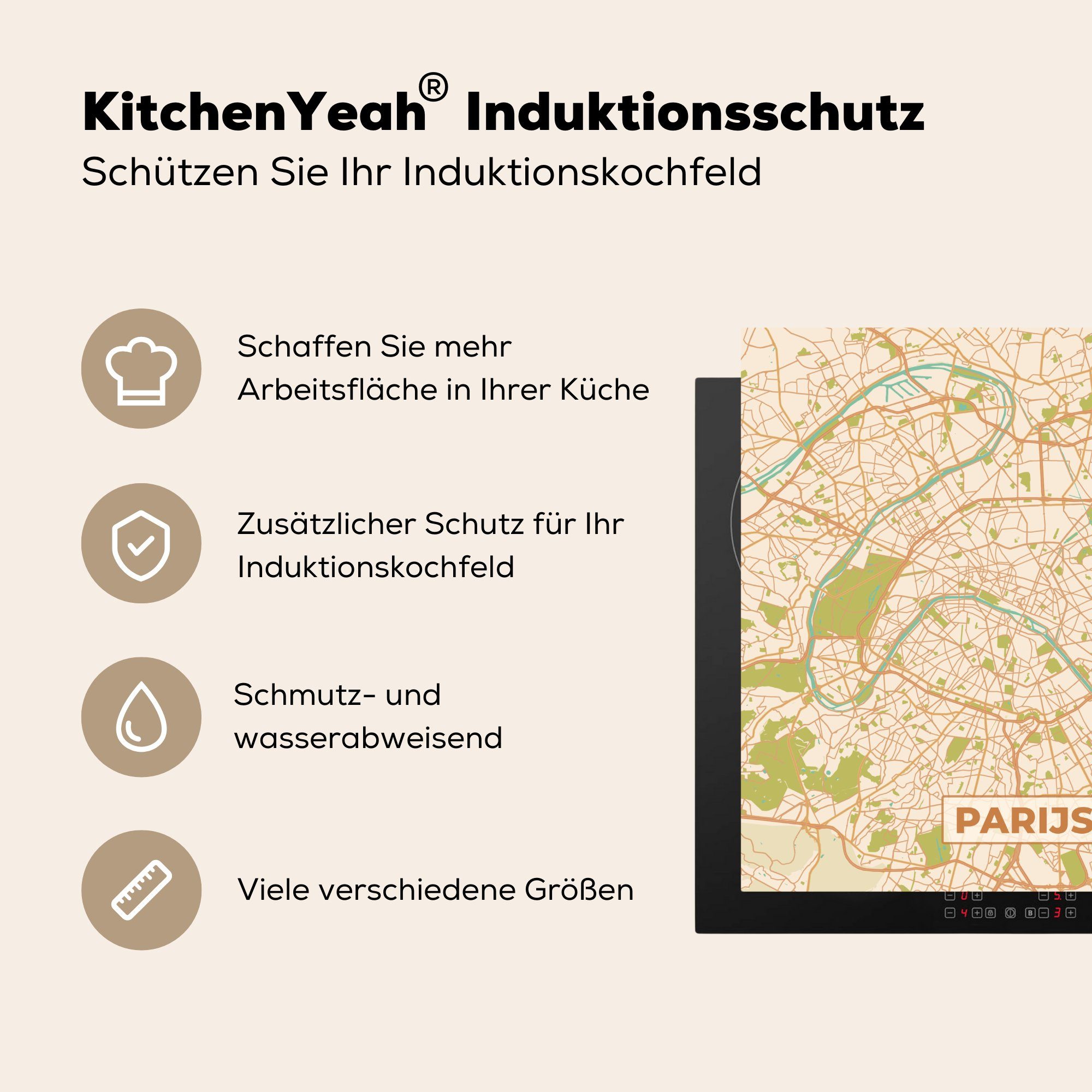 - küche Arbeitsplatte Vintage Stadtplan Ceranfeldabdeckung, (1 Karte, cm, Herdblende-/Abdeckplatte Paris Vinyl, MuchoWow für tlg), - - 78x78