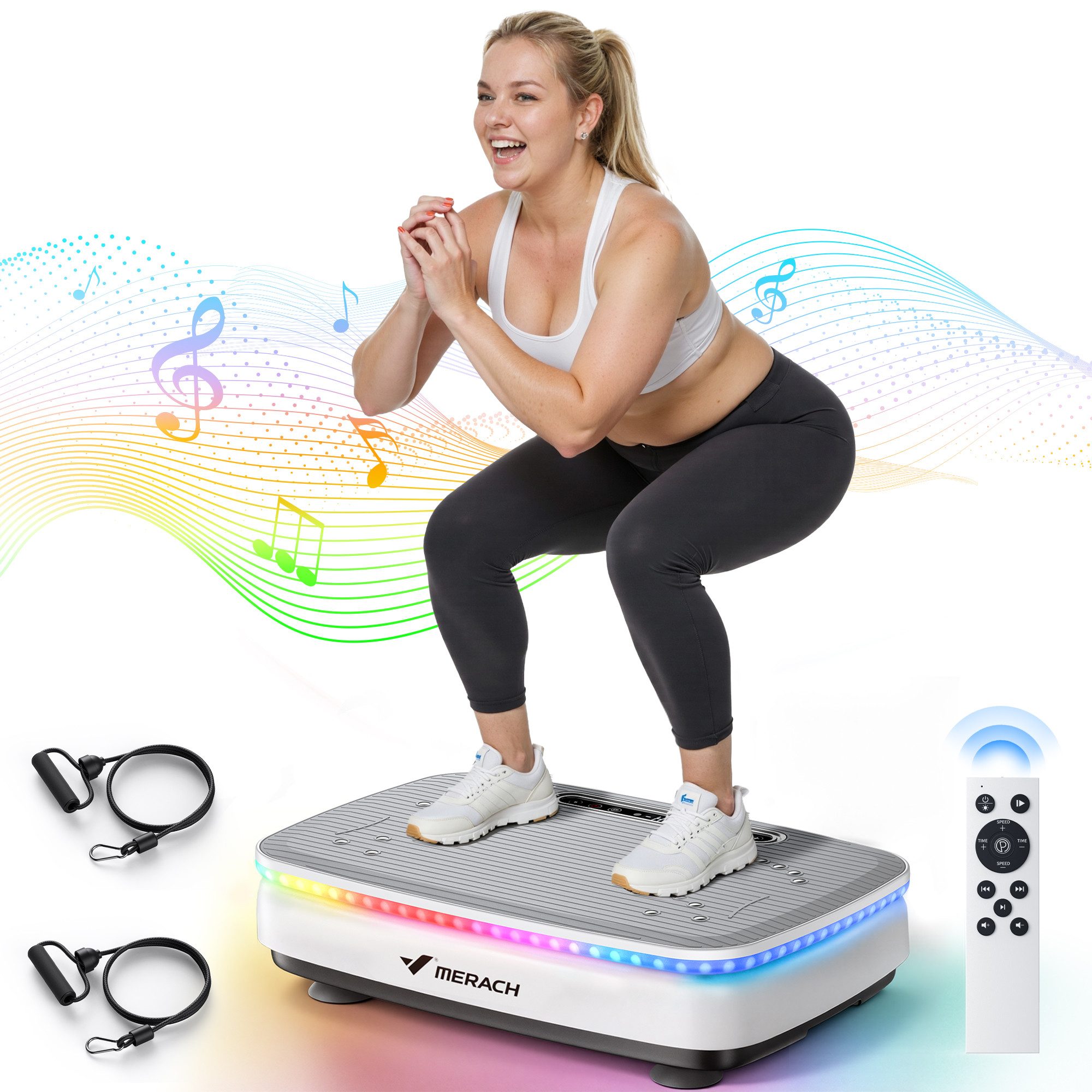 MERACH Vibrationsplatte Vibrationsplatte - 99 Stufen, 7 Programme, Bluetooth & Fernbedienung, 150 W, (LED-Display, Widerstandsbänder, Anti-Rutsch-Oberfläche, 150W Motor), Ganzkörper-Vibration mit individuell einstellbarer Stärke