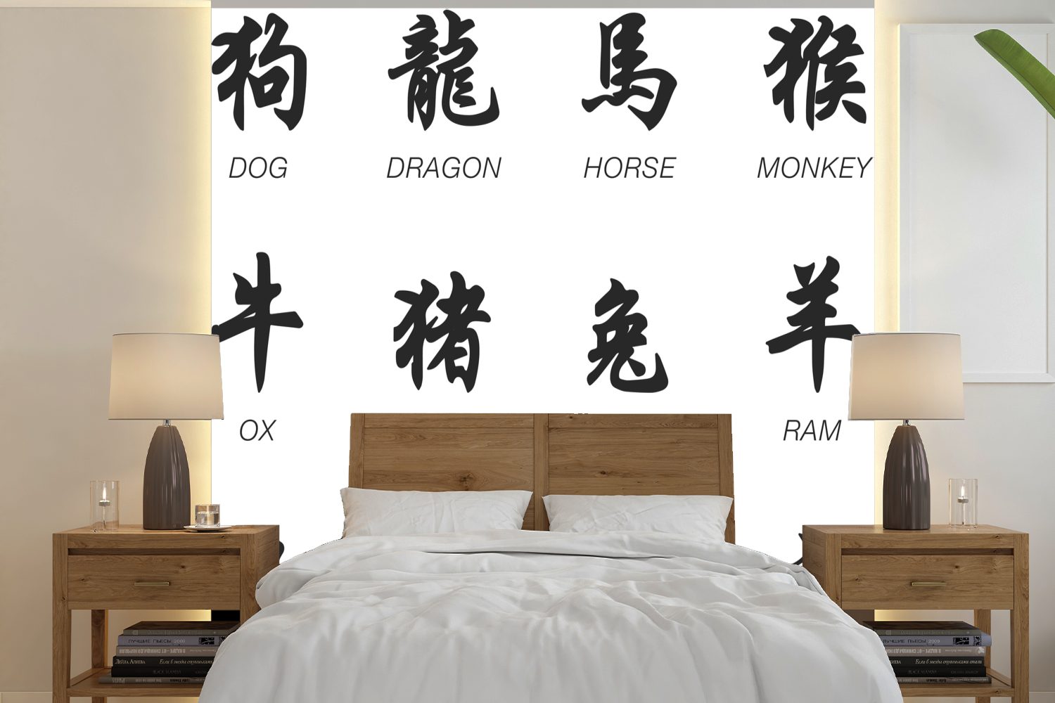 MuchoWow Fototapete Chinesische Schriftzeichen für Tiernamen, Matt, bedruckt, (5 St), Vinyl Tapete für Wohnzimmer oder Schlafzimmer, Wandtapete