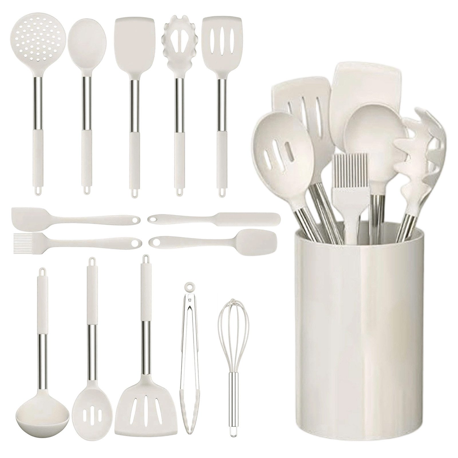 REDOM Kochbesteck-Set 15er Silikon Küchenhelfer Set Kochgeschirr (Kochset Kochzubehör mit Utensilienhalter, 15-tlg., mit Spatel, Schaber, Ложки, Rührwerkzeug), spülmaschinenfest ergonomische Griffe Hitzebeständig BPA-frei