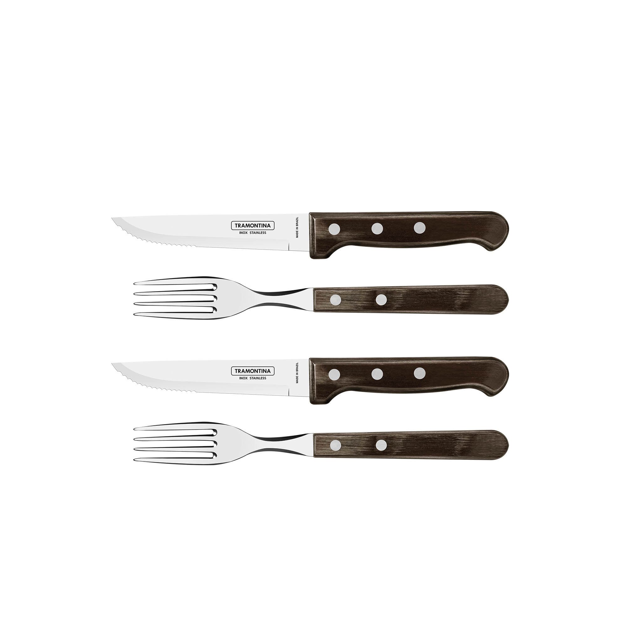 Tramontina Steakbesteck GAUCHO für 2 Personen, Edelstahl, mit Holzgriff (4-tlg), 2 Personen, Edelstahl, rostfrei, FSC Echtholzgriff, spülmaschinenfest