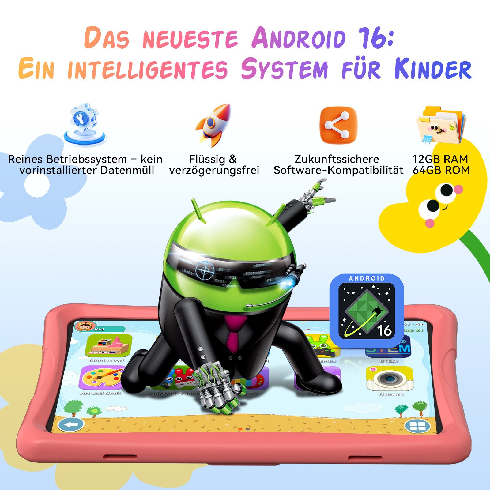 VekfulPC K10-5000mAh, stoßfest, 10,1" inkl. Z20 Kinderuhr Kids Tablet (10,1", 64 GB, Android 16, Google Kids Space, 10,1" HD, 5000mAh, 12GB+64GB)