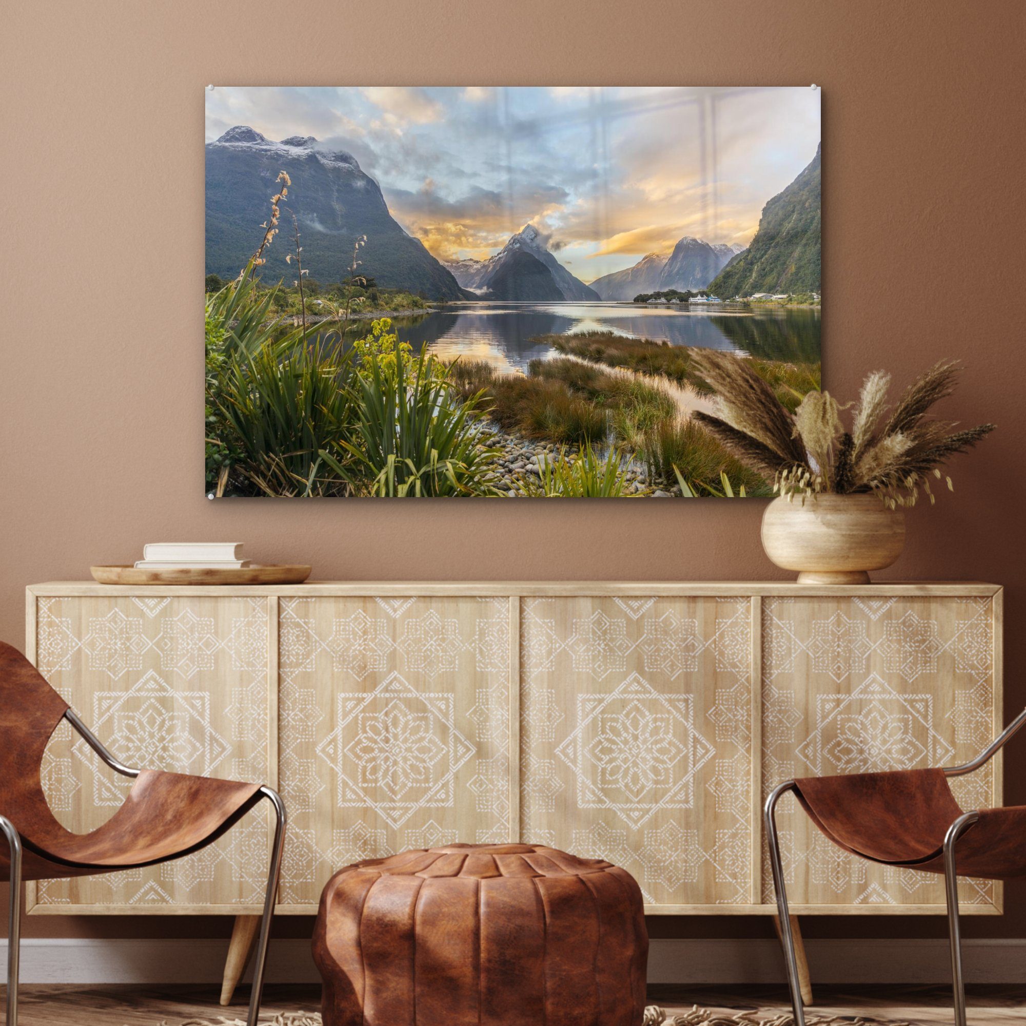 Acrylglasbilder - MuchoWow St), Acrylglasbild (1 Berge Wasser, Neuseeland Schlafzimmer Wohnzimmer & -