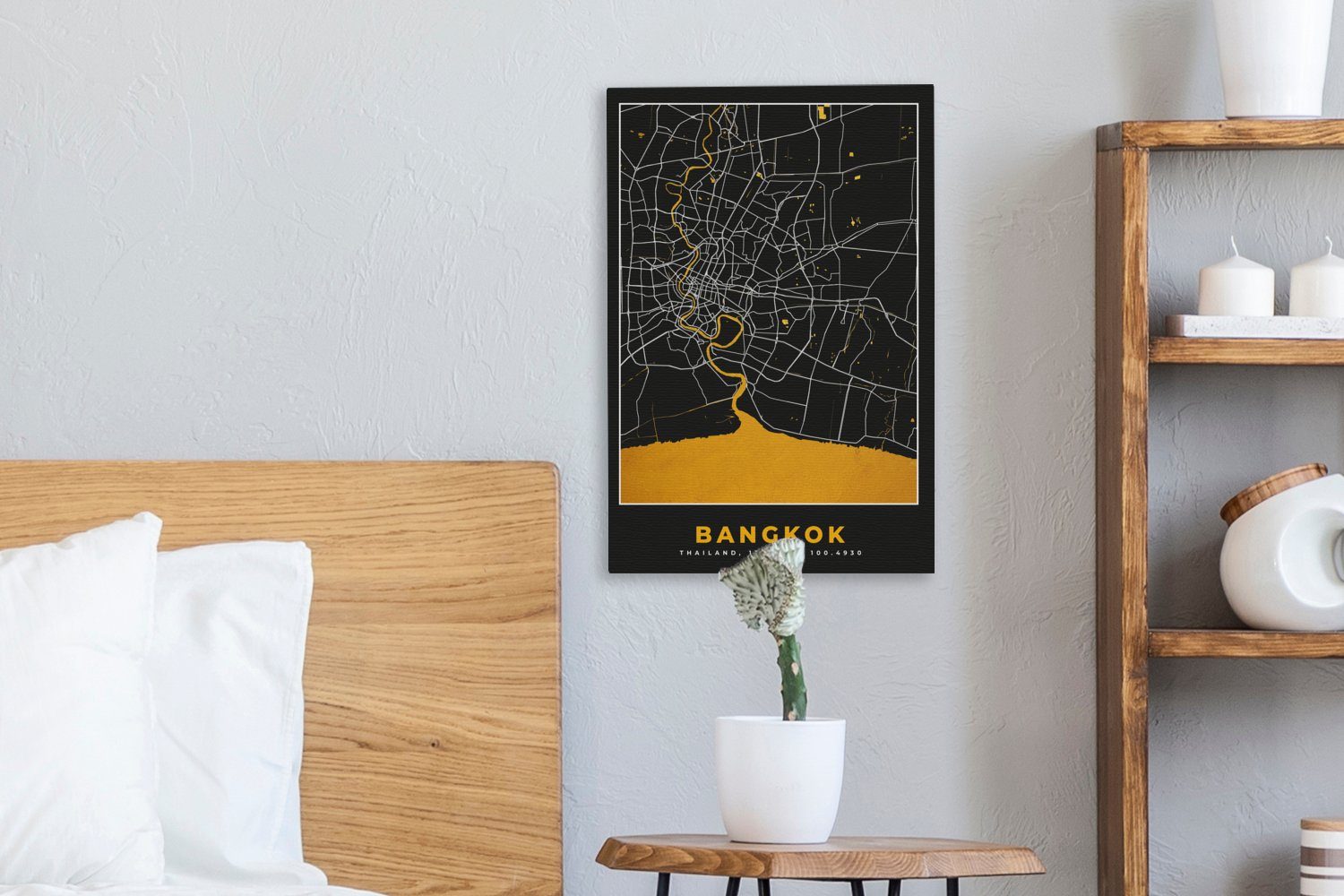 Leinwandbild Leinwandbild - Gemälde, Bangkok - OneMillionCanvasses® - Karte inkl. fertig bespannt Zackenaufhänger, St), Stadtplan, Gold 20x30 (1 cm
