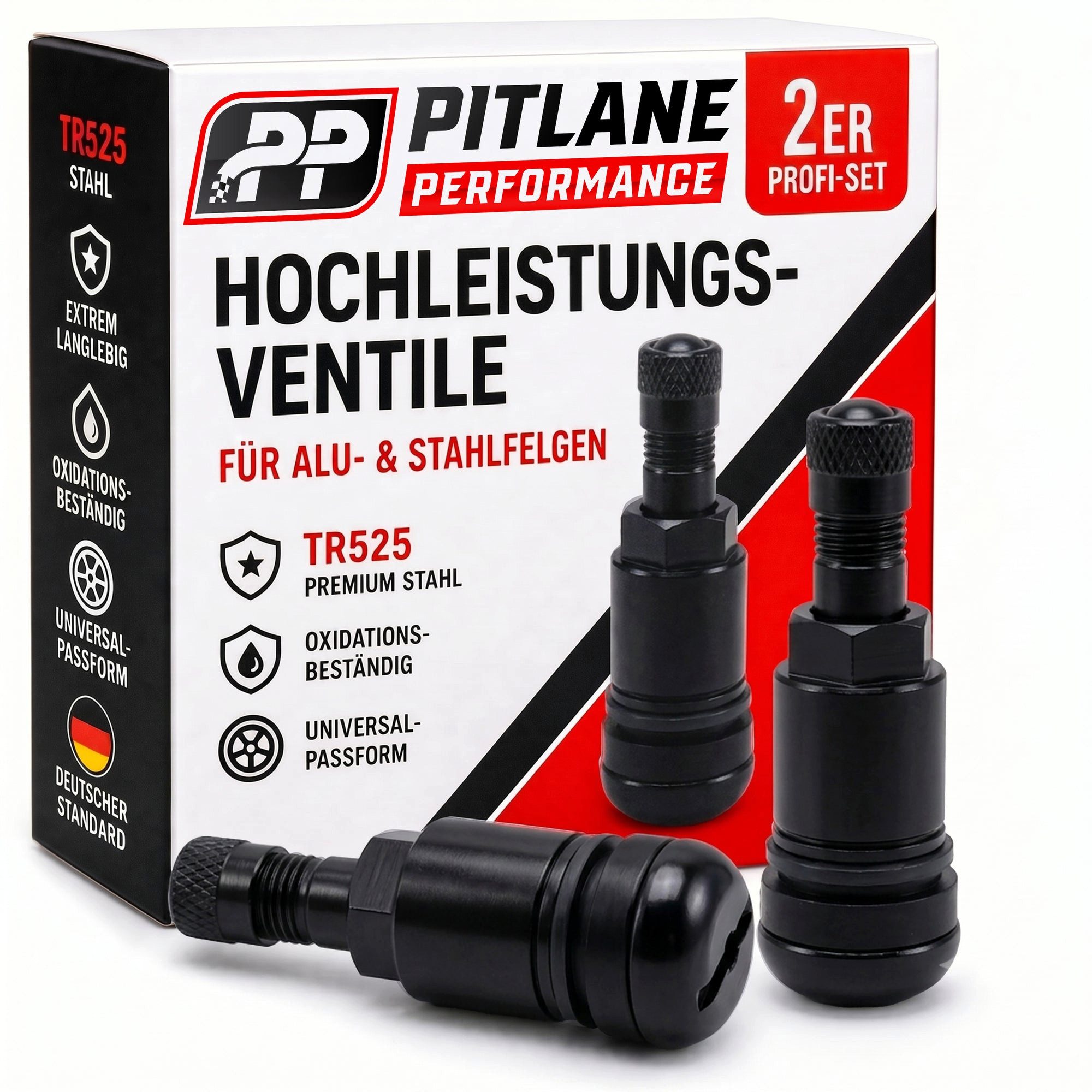 Pitlane Performance Reifen-Reparaturset TR525 Metallventil aus Aluminium Universelles Reifenventil, für 11,3mm Felgenloch, 2-St., Schraubventil für PKW, Wohnmobil & Anhänger, Reifenventil für KFZ Fahrzeuge