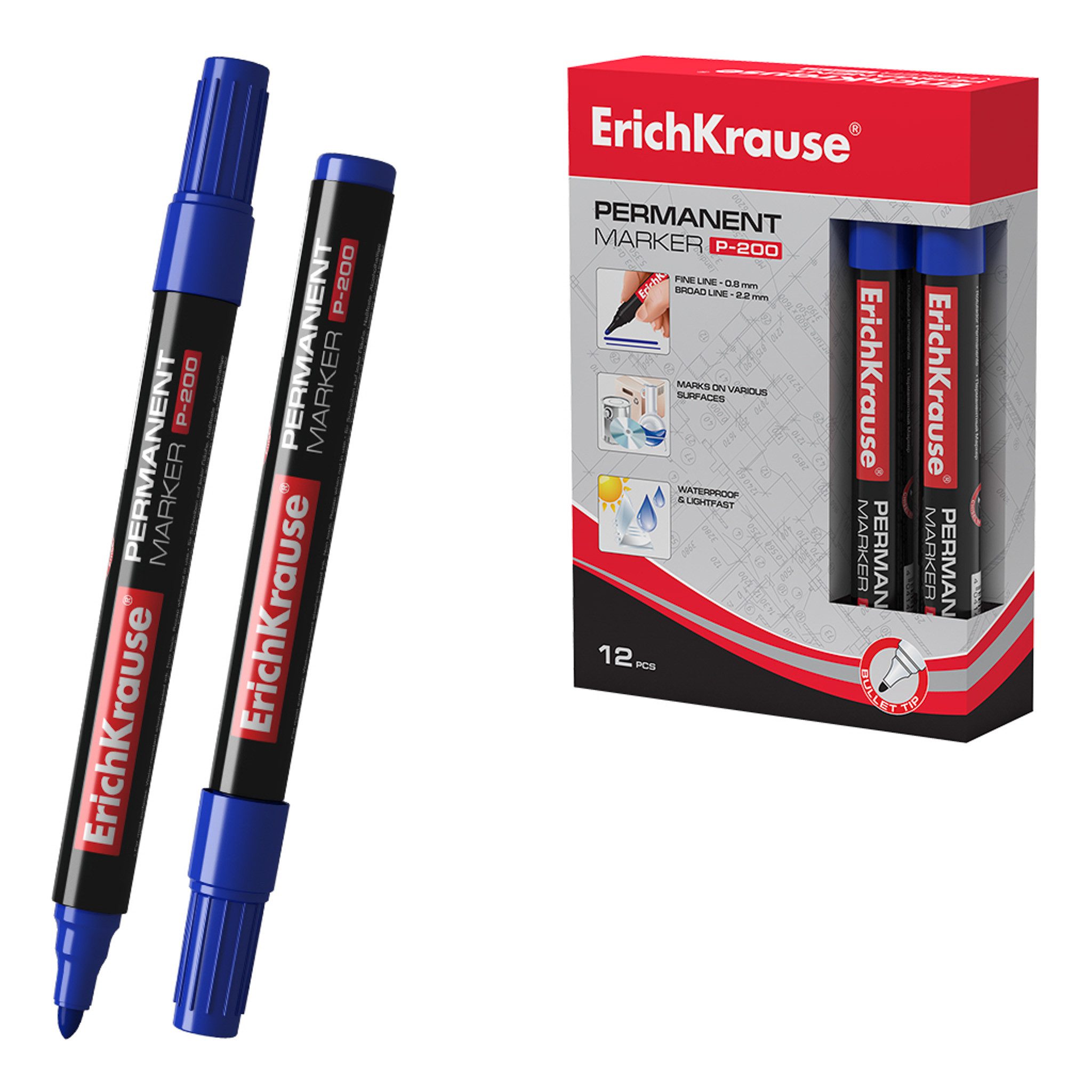 Erich Krause Marker, Permanent Marker P-200 wasserfest 0,8-2mm Blau 12er Pack