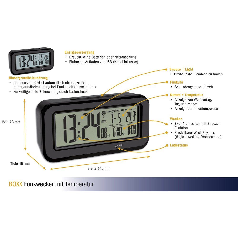 TFA Dostmann Wecker TFA Dostmann 60.2554.01 Funk Wecker Schwarz Alarmzeiten 2 Großes Disp