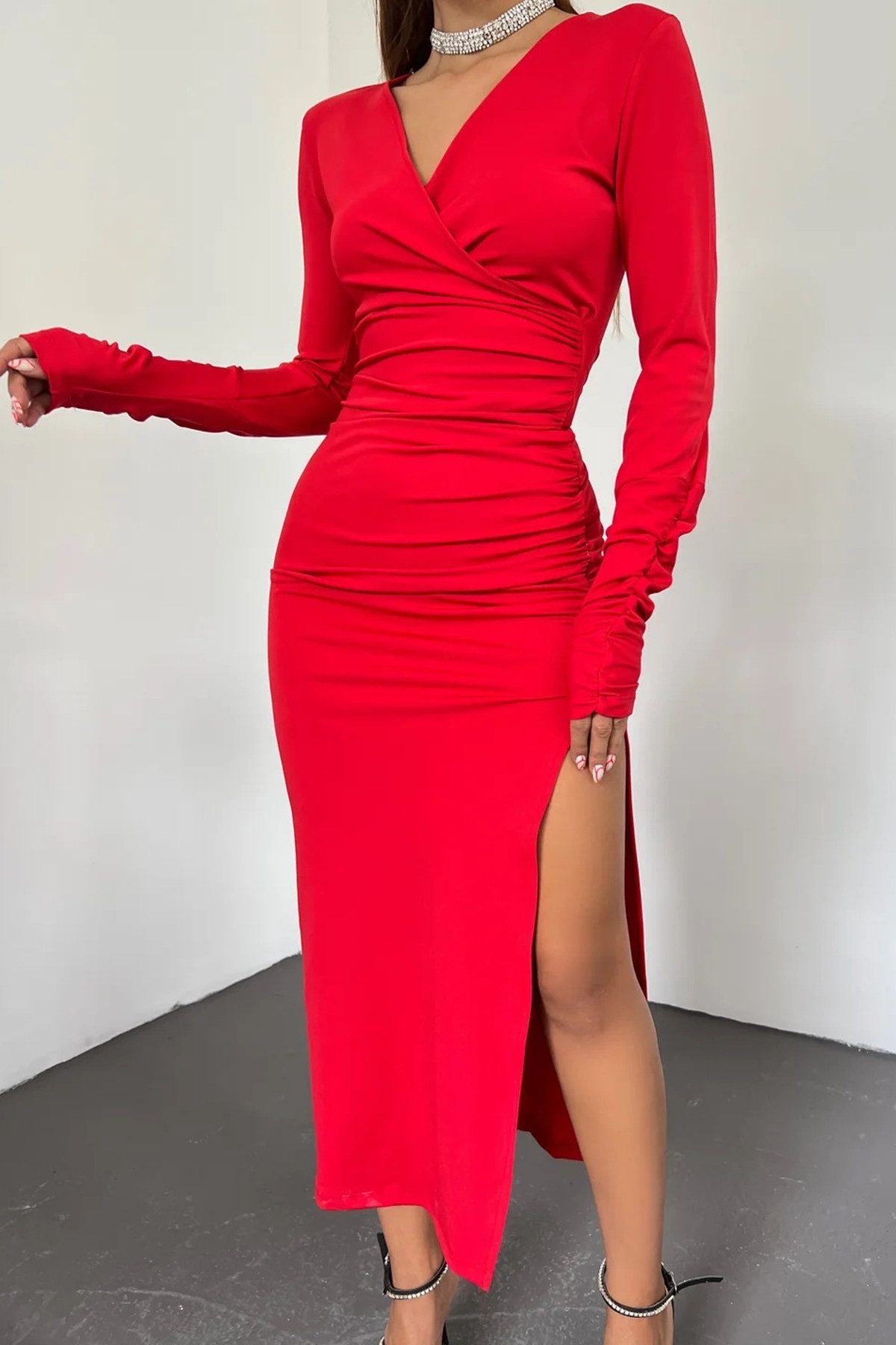 WOMAN VISION Midikleid Wickelkleid mit Schlitz und langen Ärmeln – Bild 4 von 5