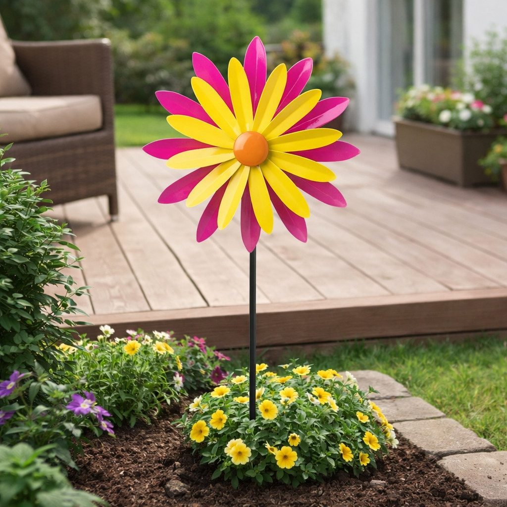 finehomegarden Deko-Windrad Metall Windrad Gartenstecker Ø 28×12 cm H114cm, Buntes Windspiel (1 St), Pink/Orange/Gelb, Wetterfeste Garten‑Deko Outdoor Windmühle