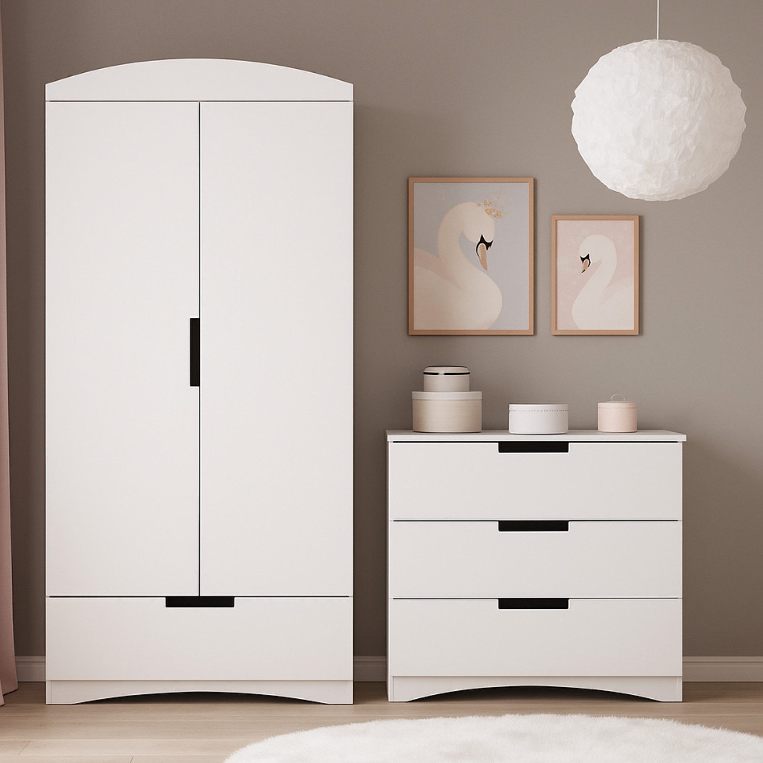 Alavya Home® Kleiderschrank NOA 2-teiliges Set aus Kommode + Kleiderschrank Modernes Kinderzimmer Set Weiß Holz – Viel Stauraum & zeitloses Design