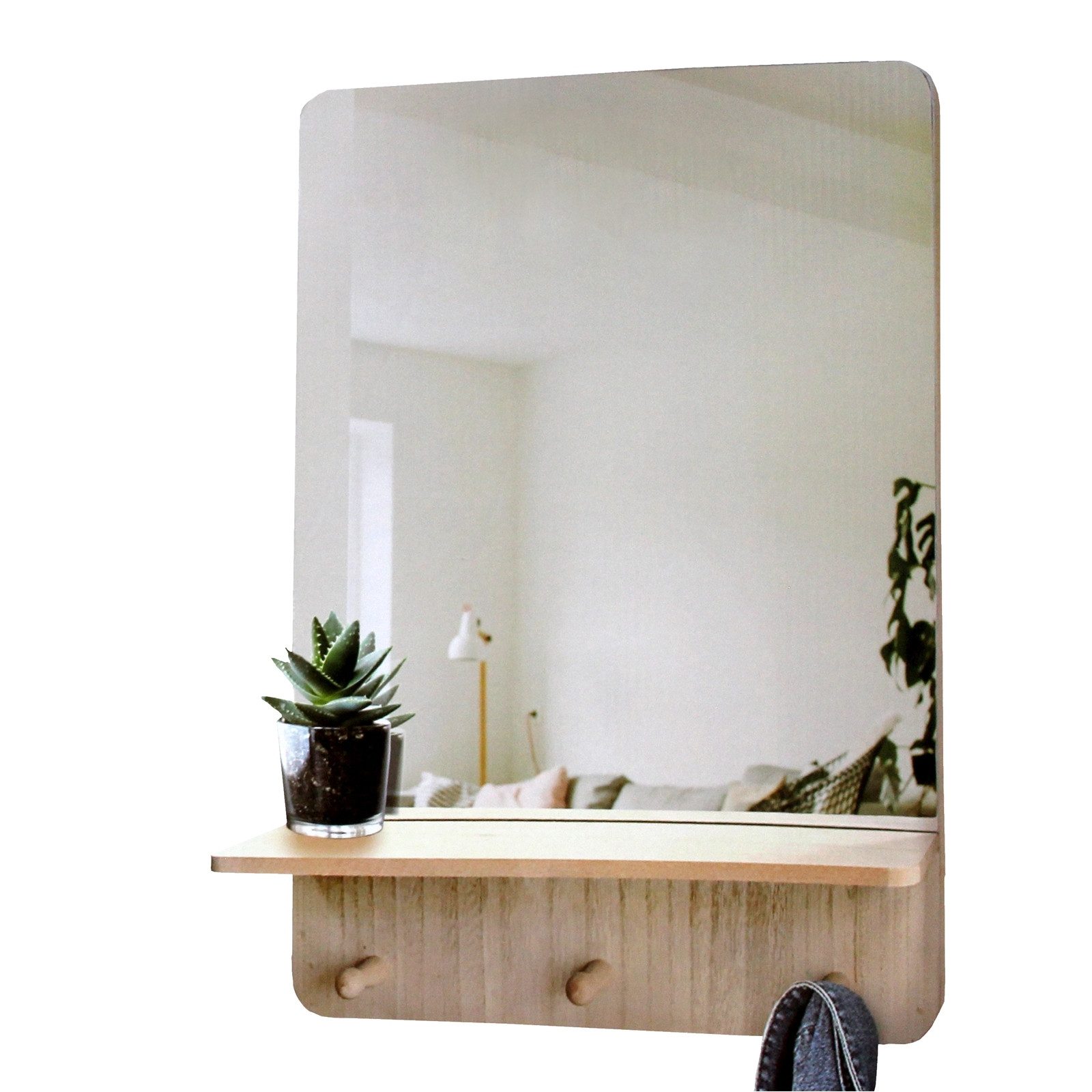 Expo Börse Wandspiegel Spiegel mit Ablage Natur (Stück, 1-St., 1 Wandspiegel mit 3 Garderobenhaken), Garderobenspiegel Wandspiegel