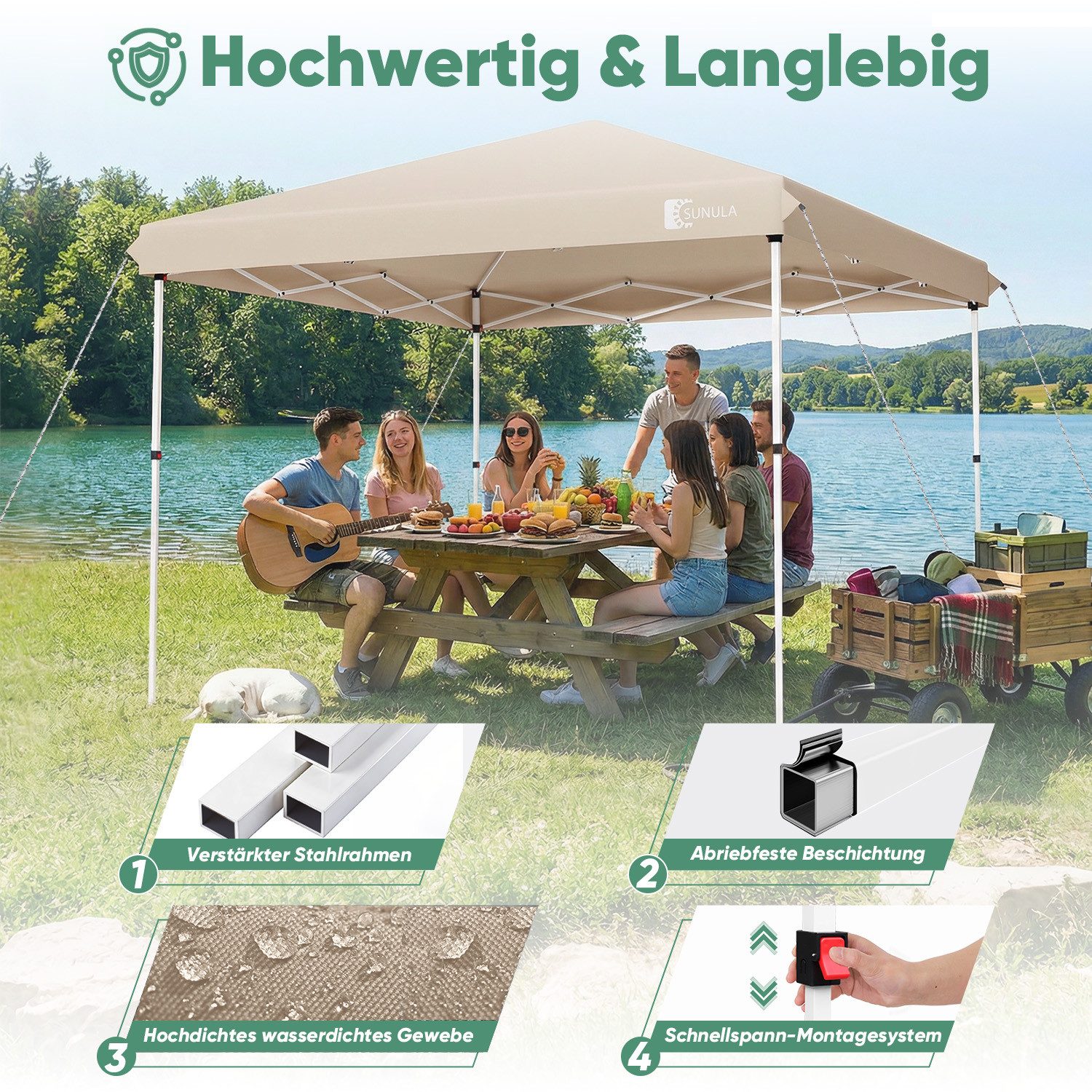 SUNULA Faltpavillon 3x3 m Pavillion Wasserdicht Pop Up Gartenpavillon Winterfest, mit 0 Seitenteilen, Wetterfester Schutz, Leichter Aufbau, Inklusive Tragetasch – Bild 3 von 5