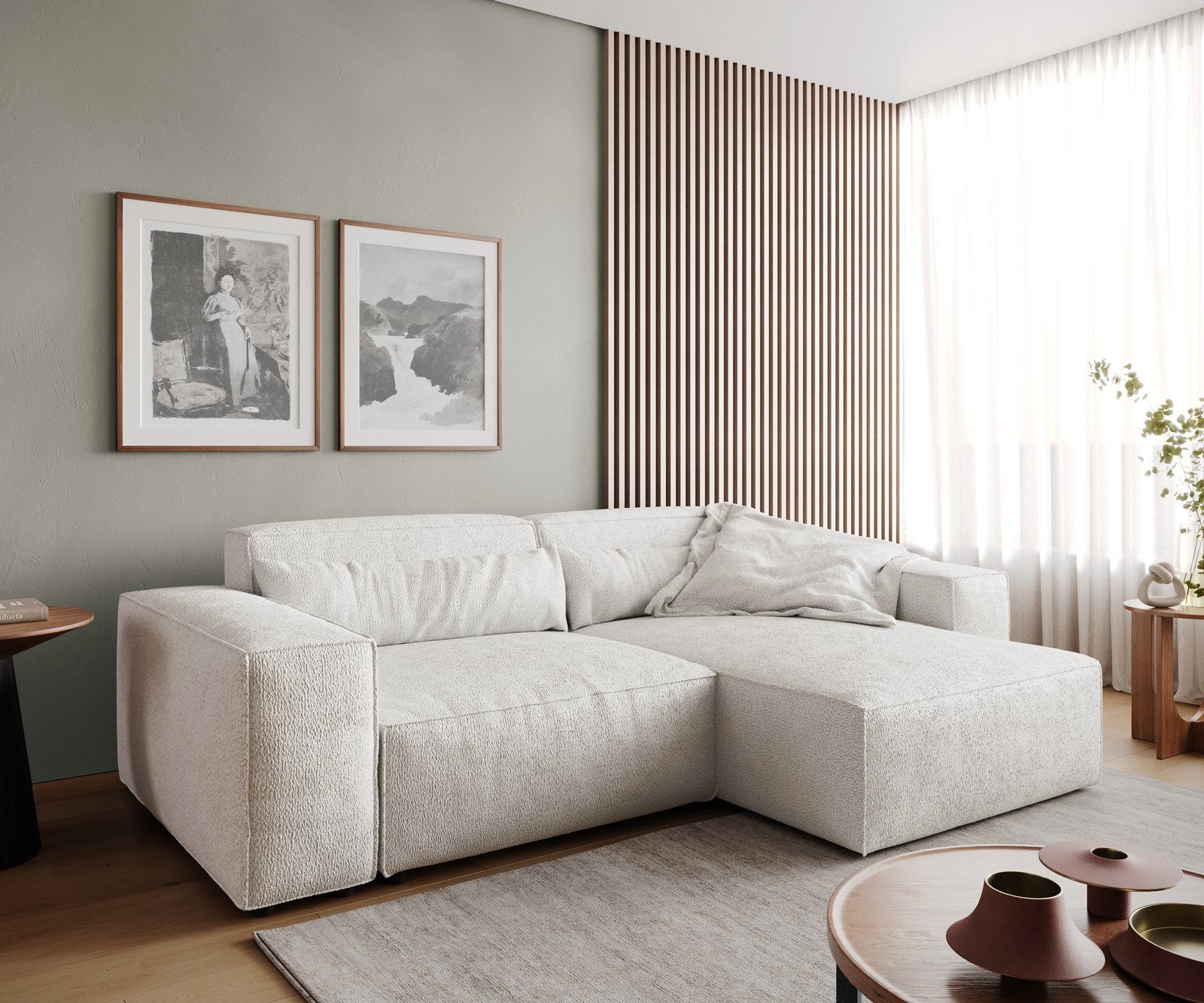 DELIFE Ecksofa Sirpio, Bouclé Creme-Weiß 230x155 cm Recamiere variabel günstig online kaufen