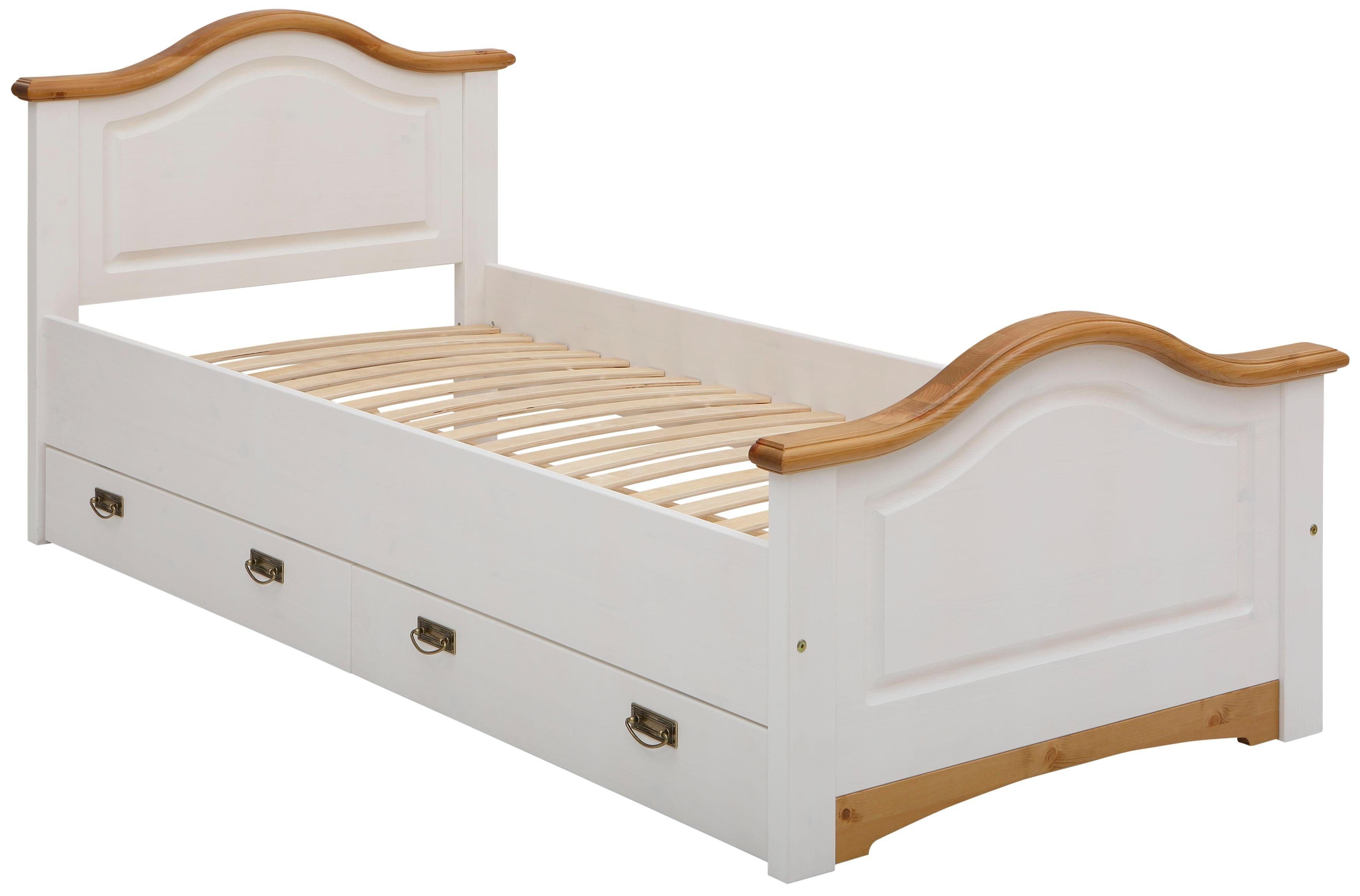 Home affaire Massivholzbett Konrad, Stauraumbett, Messinggriffe, rustikaler Landhausstil, inklusive 2 Schubladen, zertifiziertes Massivholz, FSC®