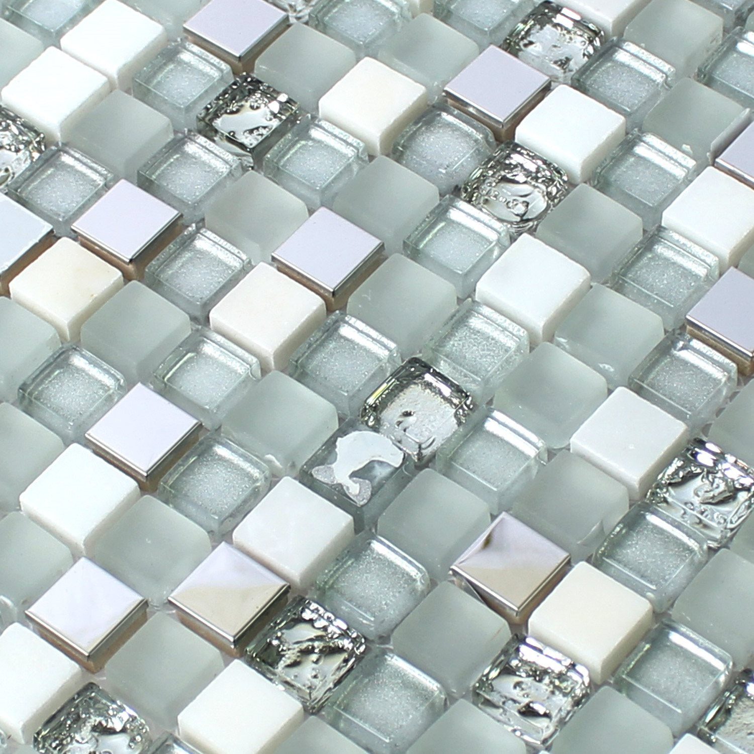 Mosafil Mosaikfliesen Glas Edelstahl Naturstein Mosaik Fliesen Weiss Silber, Naturstein-Glas-Material Mix-Metall-Marmor-Edelstahl 30.000x30.000, weiß-silber