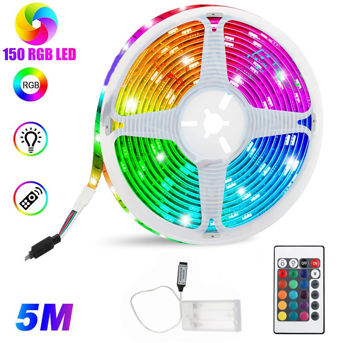oyajia LED-Streifen 5m RGB 5050 Farbwechsel-LED-Streifen-Kit mit 24 IR-Fernbedienung, LED-Streifen Ultra langes LED-Leuchten