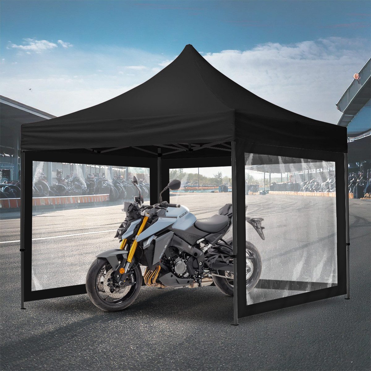 Tourtecs Bikerzelt Rennzelt mit 4 Seitenwänden 3x3m transparent faltbar für die Rennstrec