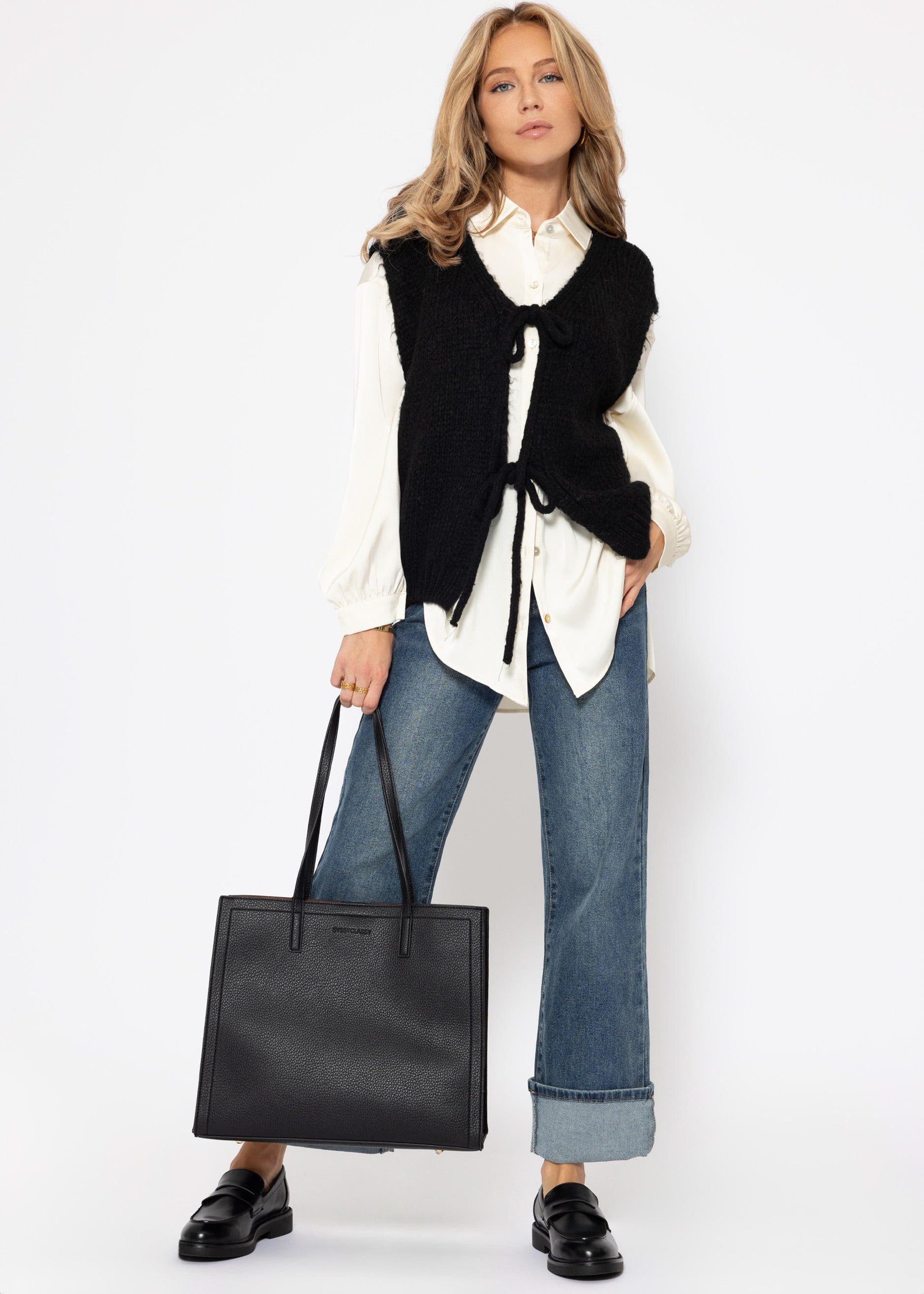 SASSYCLASSY Strickweste Ärmellose Strickweste Damen mit Schleifen Flauschige Strick-Weste mit Bindebändern Schwarz Offwhite Beige