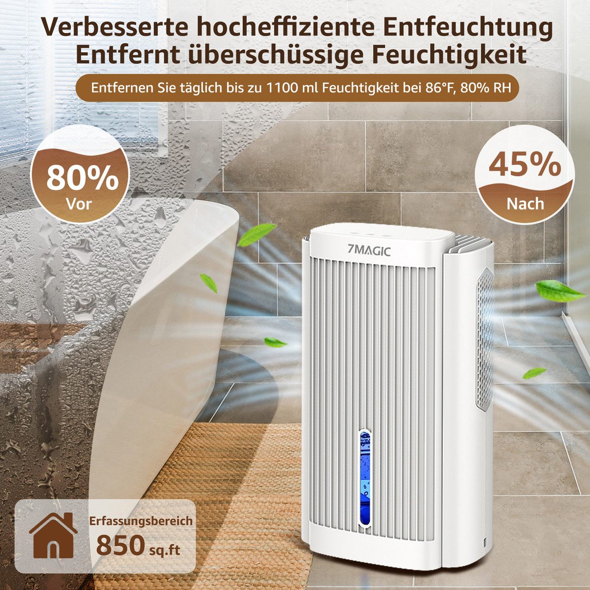 7MAGIC Luftentfeuchter, für 50 m³ Räume, Entfeuchtung 1,10 l/Tag, Tank 2,80 l, Luftentfeuchter Elektrisch, Entfeuchter Leise, Schlafmodus, LED-Licht