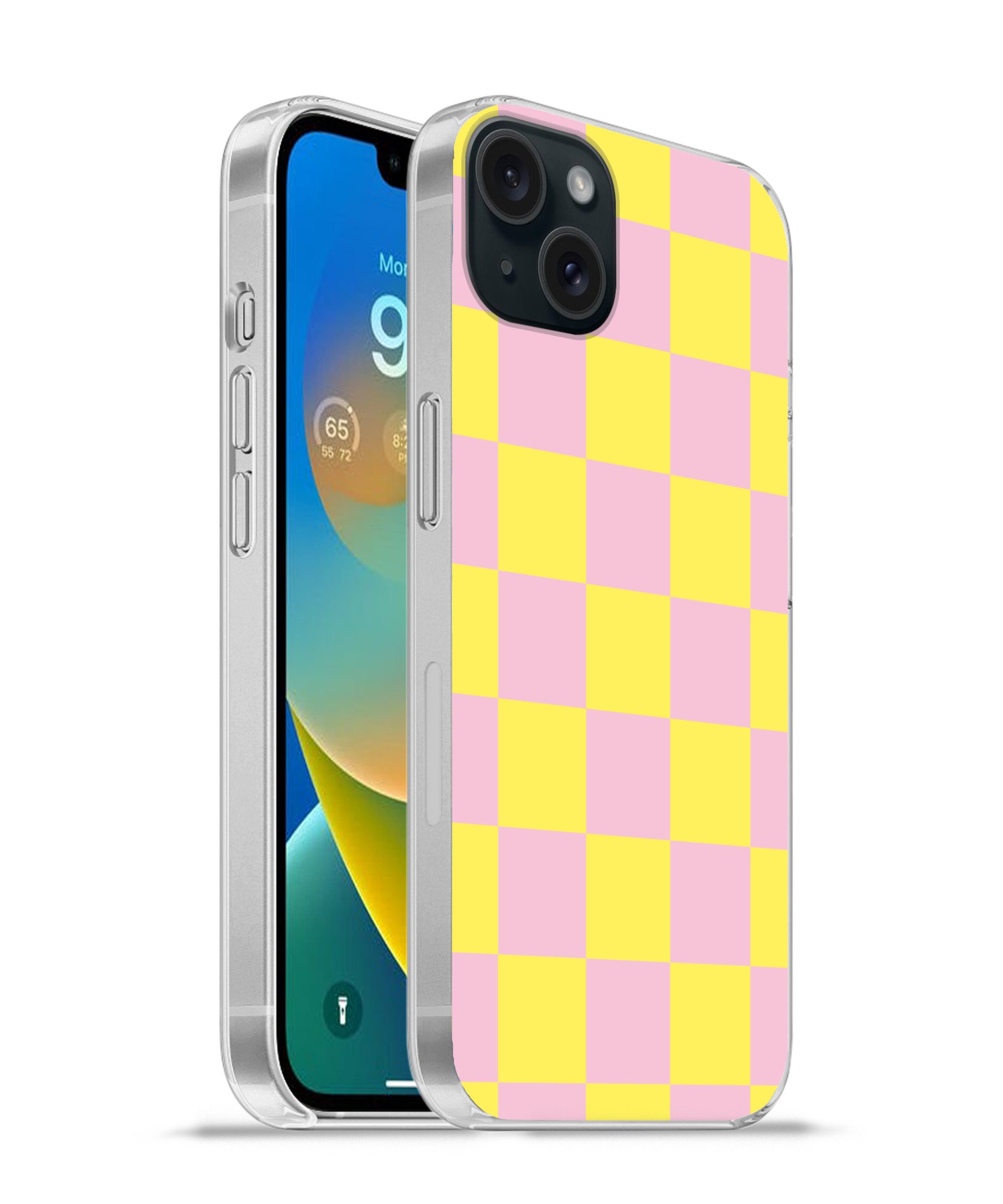 MuchoWow Handyhülle für Apple iPhone 15 Plus Schachbrettmuster - Gelb - Rosa - Würfel, Smartphone-Bumper, Print, Handy Schutzhülle Dünn