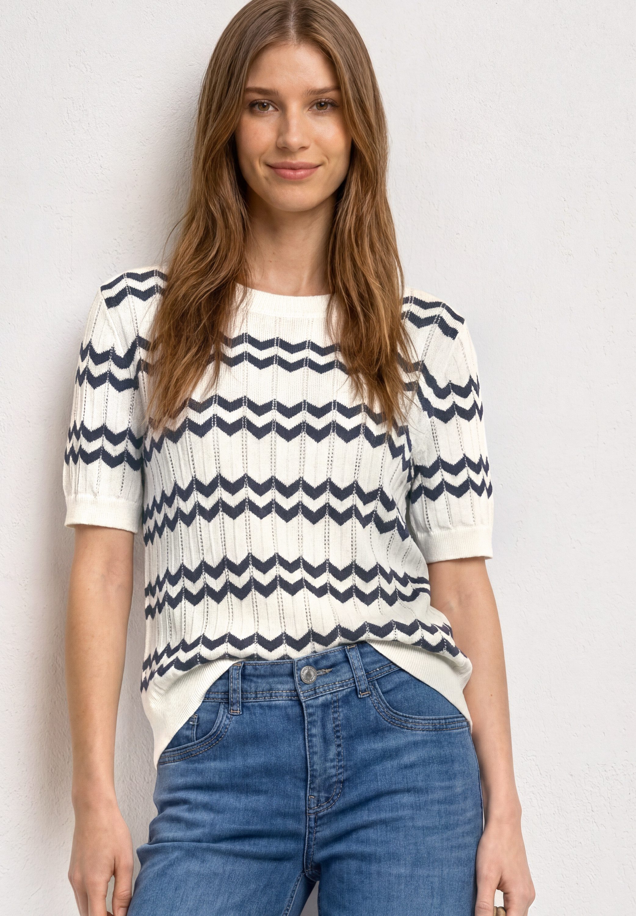 STREET ONE Kurzarmpullover mit Zick Zack Muster