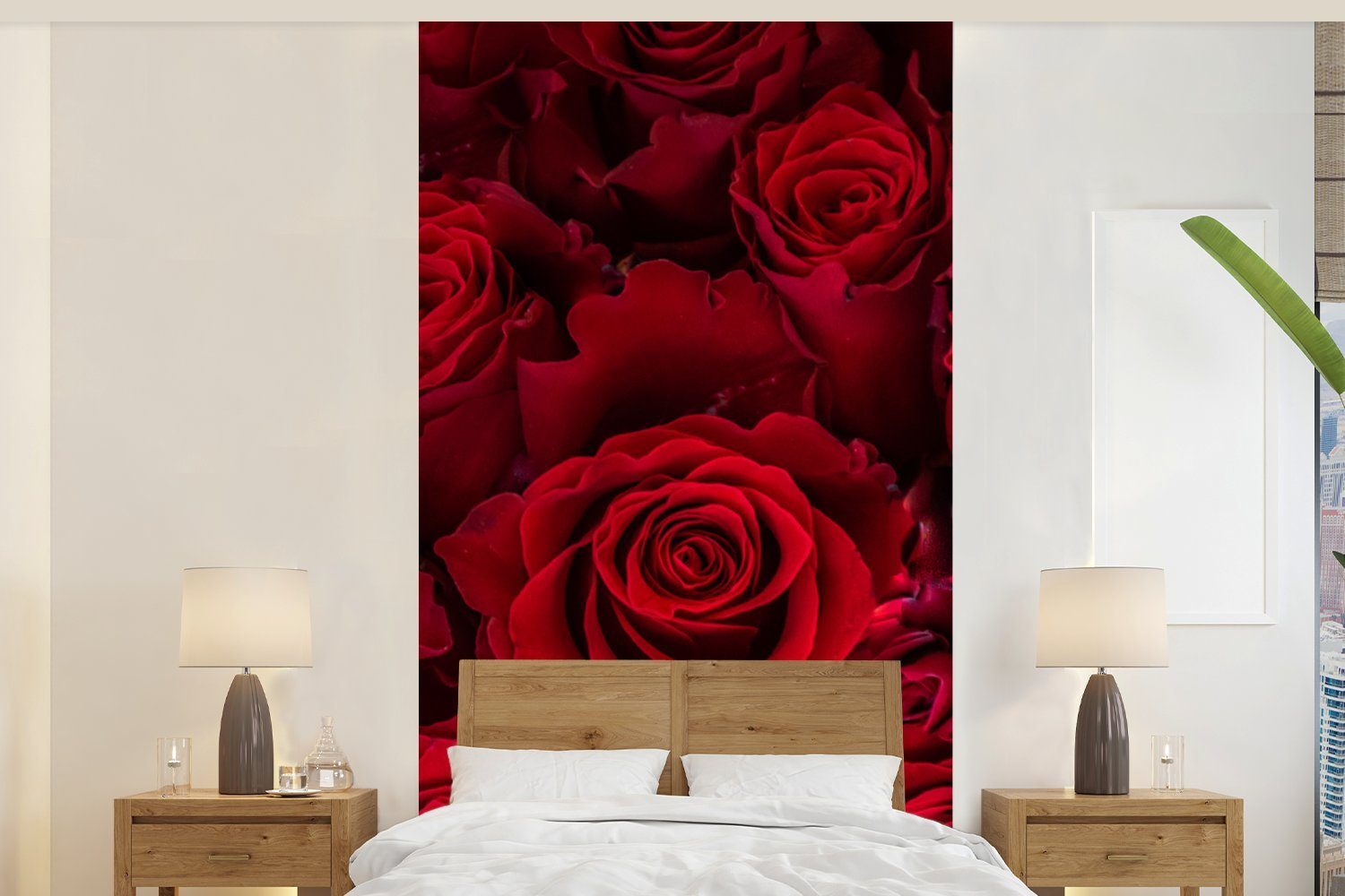 MuchoWow Fototapete Blumen - Rosen - Rot, Matt, bedruckt, (2 St), Vliestapete für Wohnzimmer Schlafzimmer Küche, Fototapete