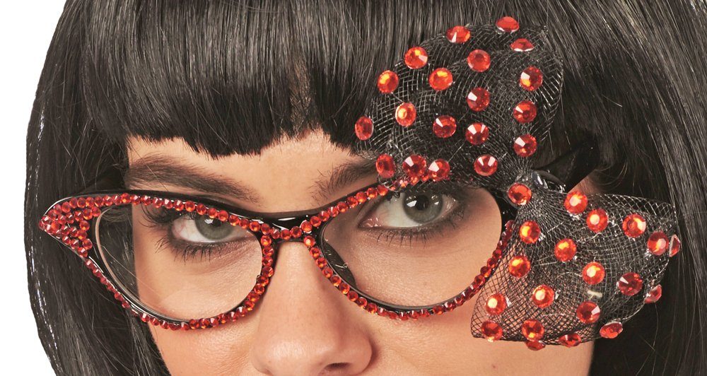 andrea-moden Verkleidungsmaske Cat Eye Brille mit Strass und Schleife - Rot