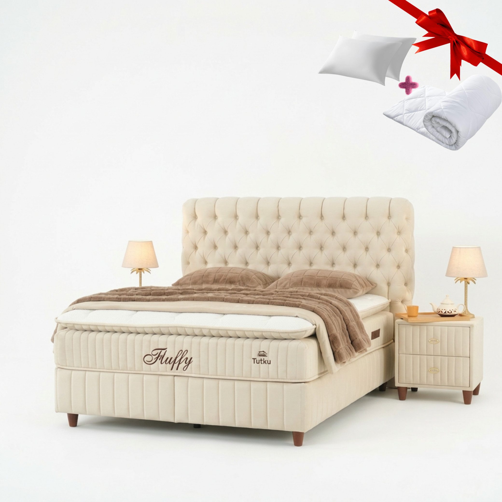 gowoll Boxspringbett Fluffy Bett Set mit Matratze mit Topper 140x200 160x200 180x200 (Doppelbett), mit 2xBettkasten und Polsterbett Kopfteil