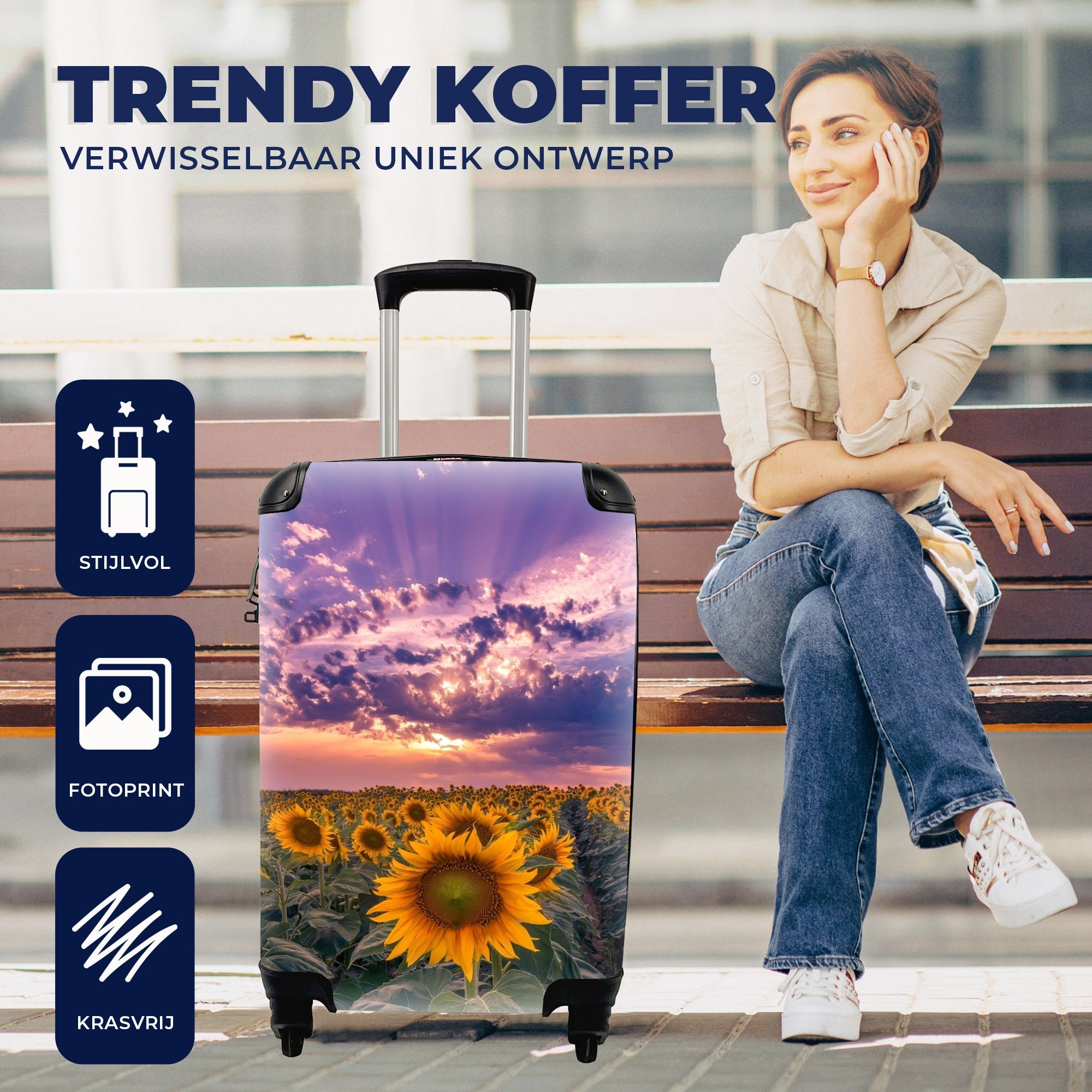 Rollen, - Handgepäck - für Reisekoffer Trolley, Sonnenuntergang, Lila - Ferien, Reisetasche Handgepäckkoffer Blumen MuchoWow mit 4 rollen, Himmel