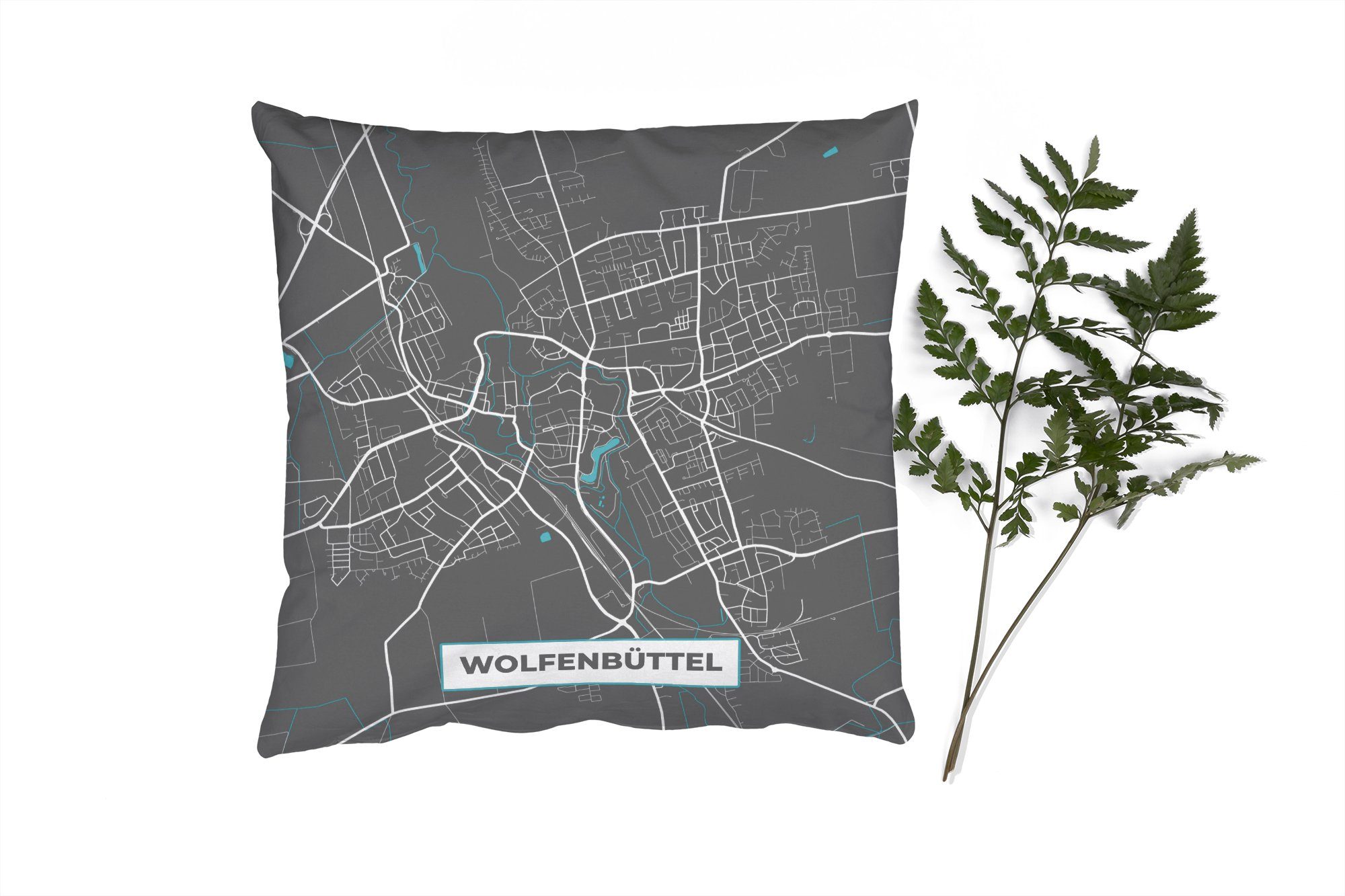 MuchoWow Dekokissen Karte - Wolfenbüttel - Blau - Stadtplan - Deutschland, Zierkissen mit Füllung für Wohzimmer, Schlafzimmer, Deko, Sofakissen