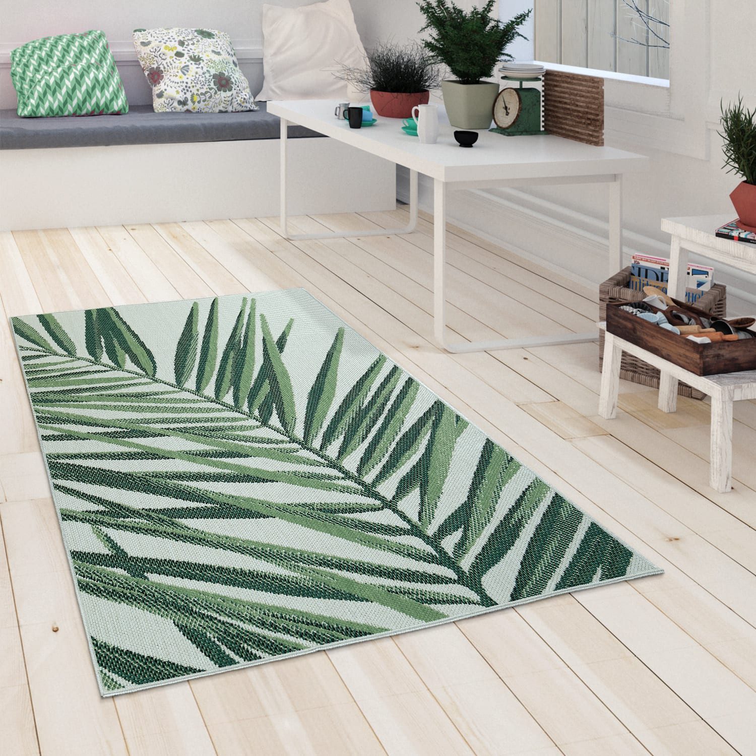 KADIMA DESIGN Outdoorteppich Palmen Balkon, Terrasse schmutzabweisend Outdoor Teppich, Rechteckig, Höhe: 4 mm, 100% Polypropylen, Rücken aus Polypropylen, Rechteckig, 60x110cm, Grün