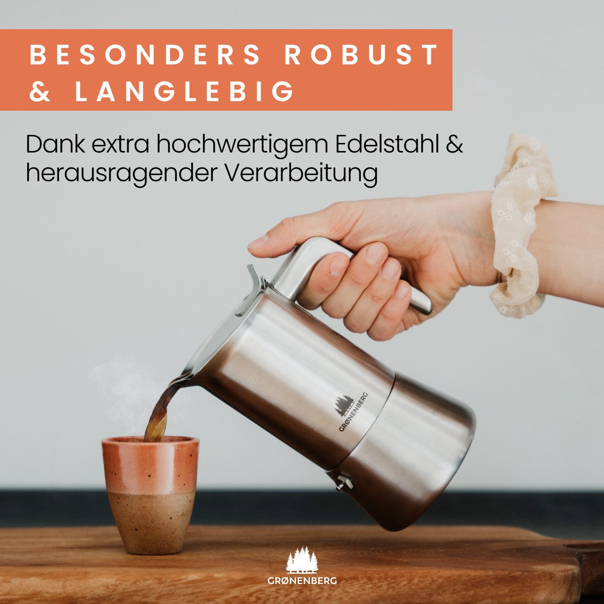 GRØNENBERG Espressokocher Edelstahl, Induktion geeignet, 4 o. 6 Tassen, 0.2l Kaffeekanne, Inkl. Ersatzdichtung & Reduziersieb, Espressokanne Aluminiumfrei & unbeschichtet
