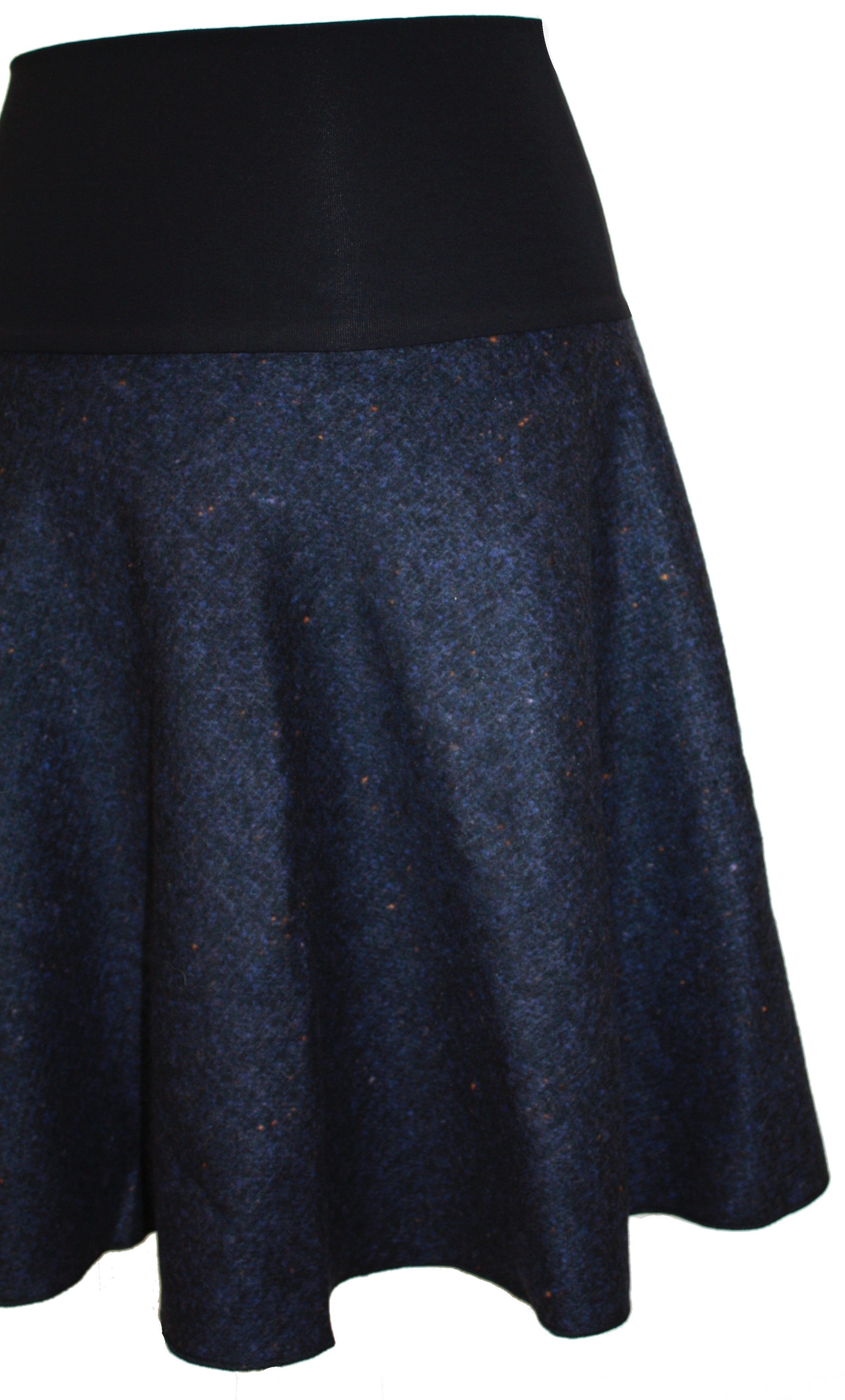 dunkle design A-Linien-Rock Wolle Loden Blau Meliert 57cm Elastischer Bund
