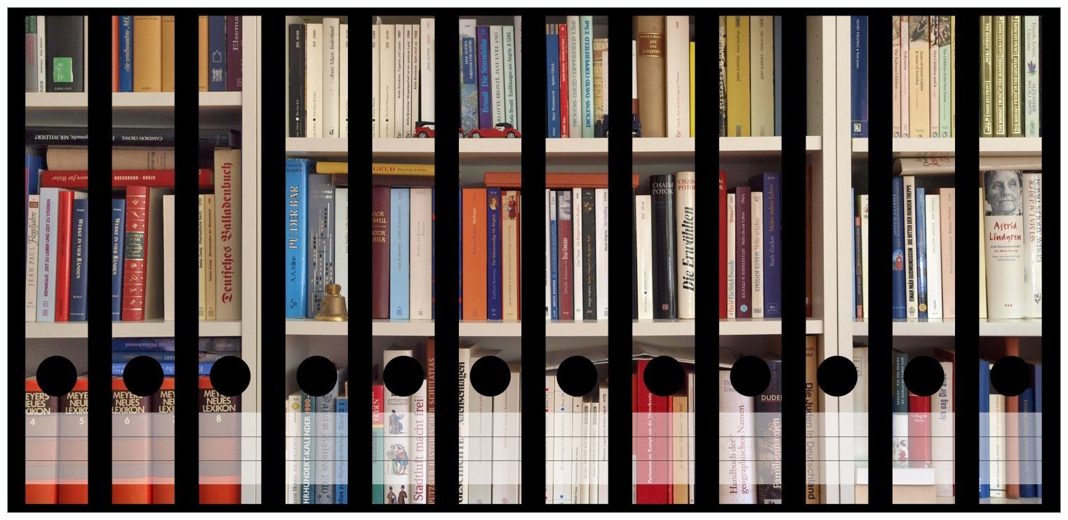 Wallario Etiketten Weißes Bücherregal mit unterschiedlichen Büchern, Ordnerrücken-Sticker in verschiedenen Ausführungen