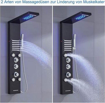 ROVOGO Duschsystem LED Duschpaneel mit Thermostat, 5-Funktion Duschsäule, 5 Strahlart(en), mit Regenfall Wasserfall Duschkopf 5 Massagedüsen Edelstahl-Handbrause