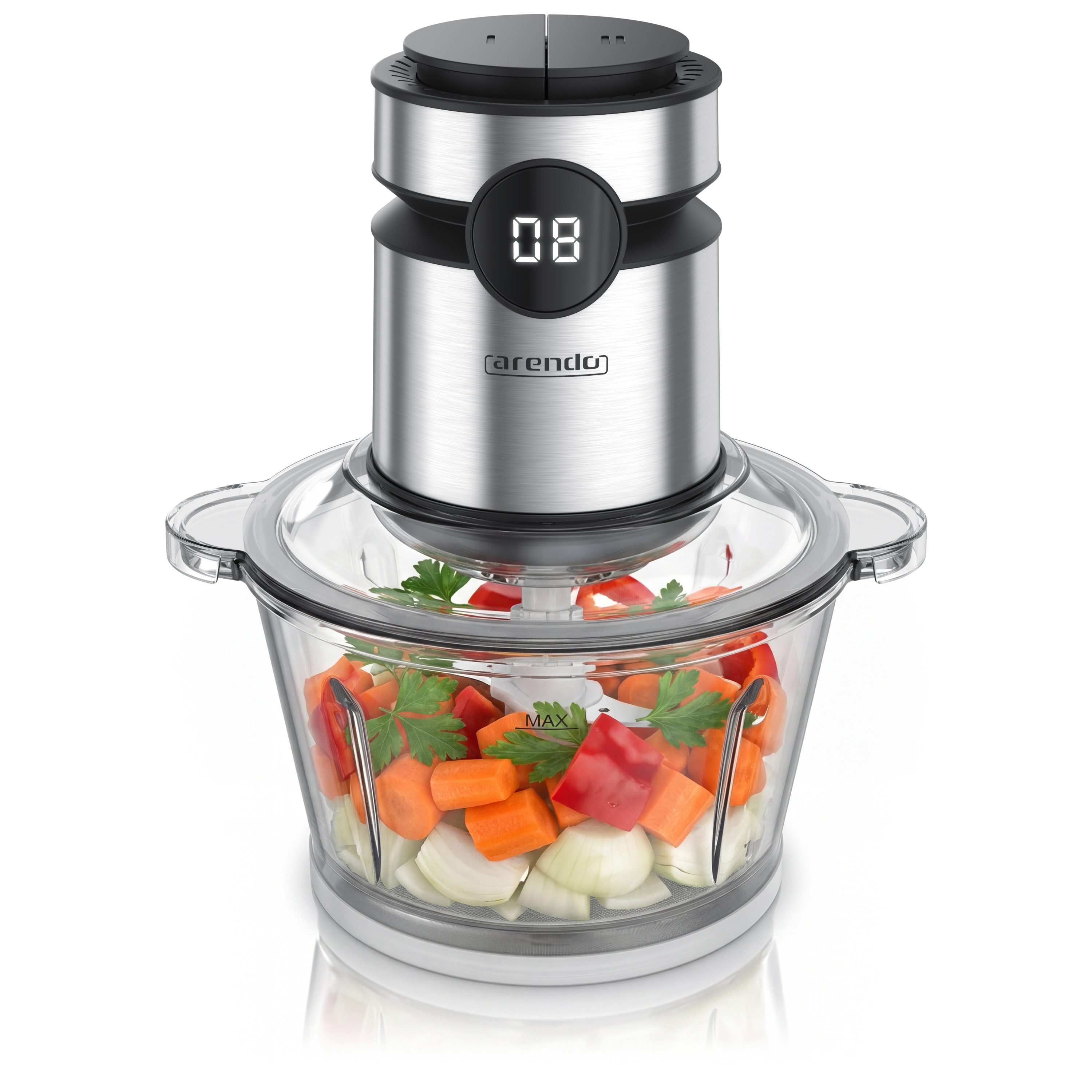 Arendo Zerkleinerer Elektrischer Multizerkleinerer für Fleisch Nüsse Obst Gemüse u.v.m., 500 W, Universalzerkleinerer mit 2 L Glasbehälter, Display, Sicherheitssperre
