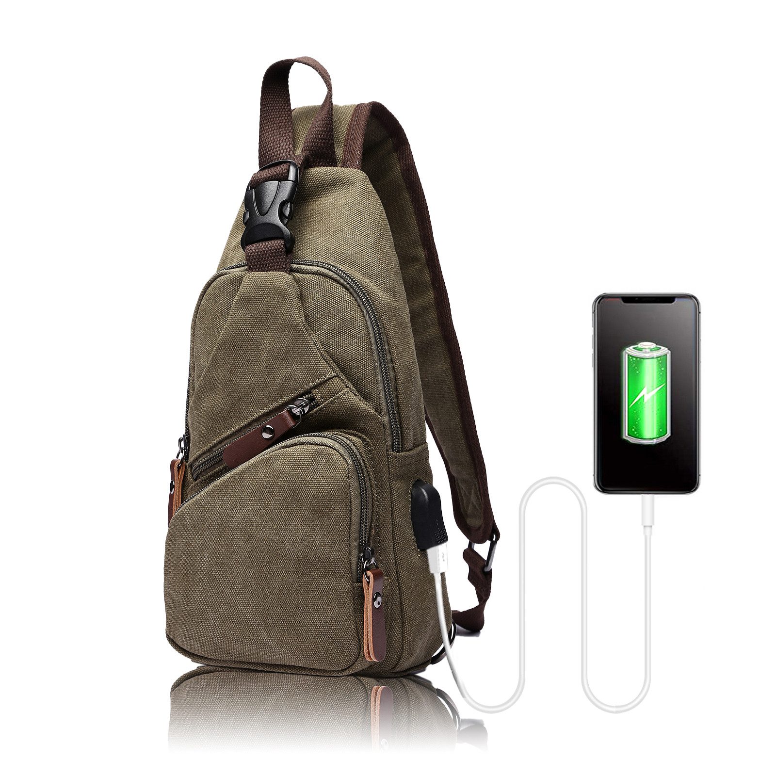 Umhängetasche Brusttasche Herren, Schultertasche Herren und Damen mit USB-Aufladung