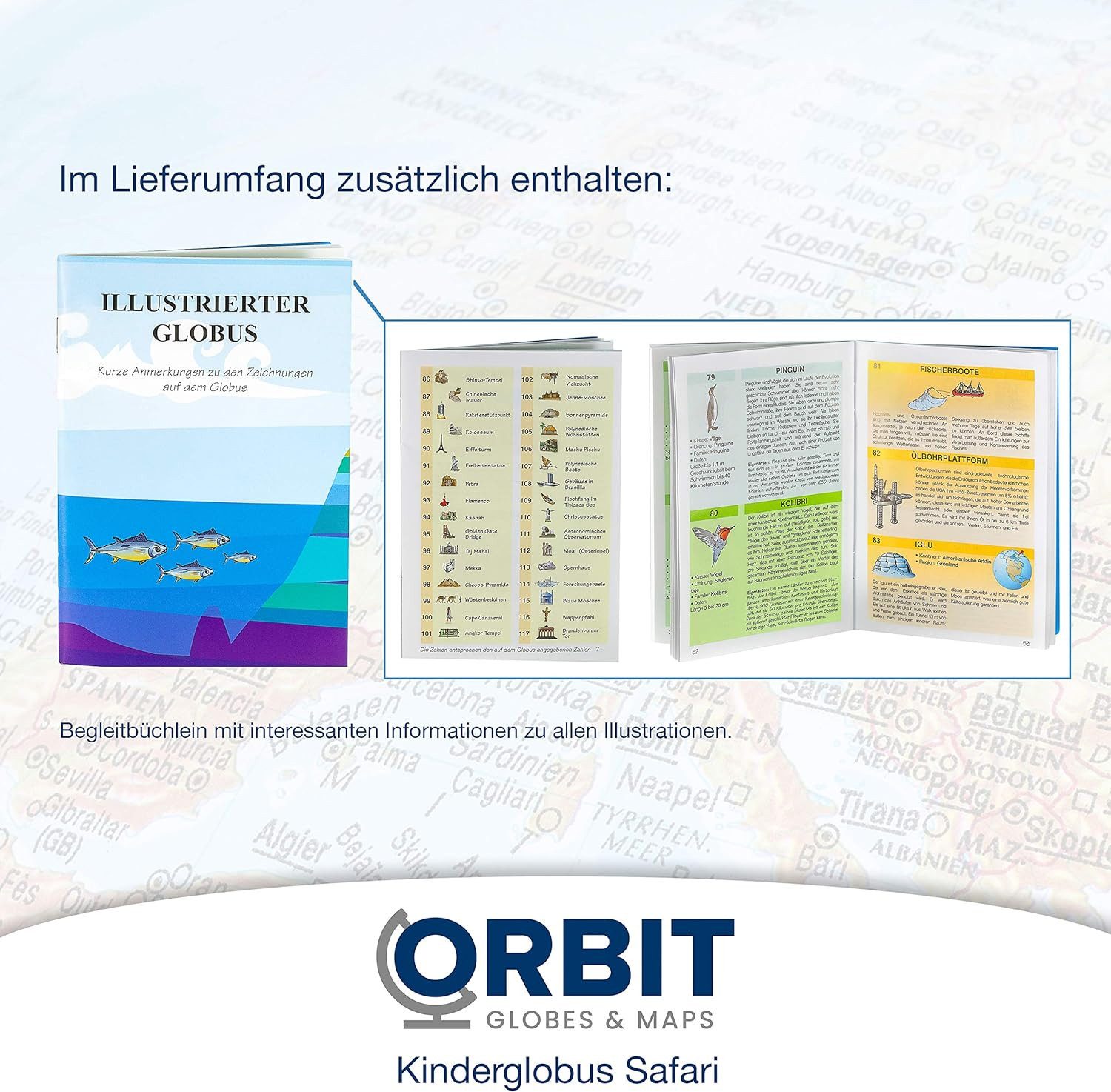 Interkart Landkarten & Globen GmbH Globus Kinder-Leuchtglobus 25 cm mit Tieren, Bauwerken & LED-Beleuchtung, Lernglobus mit Licht, Begleitheft zum Entdecken und Lernen