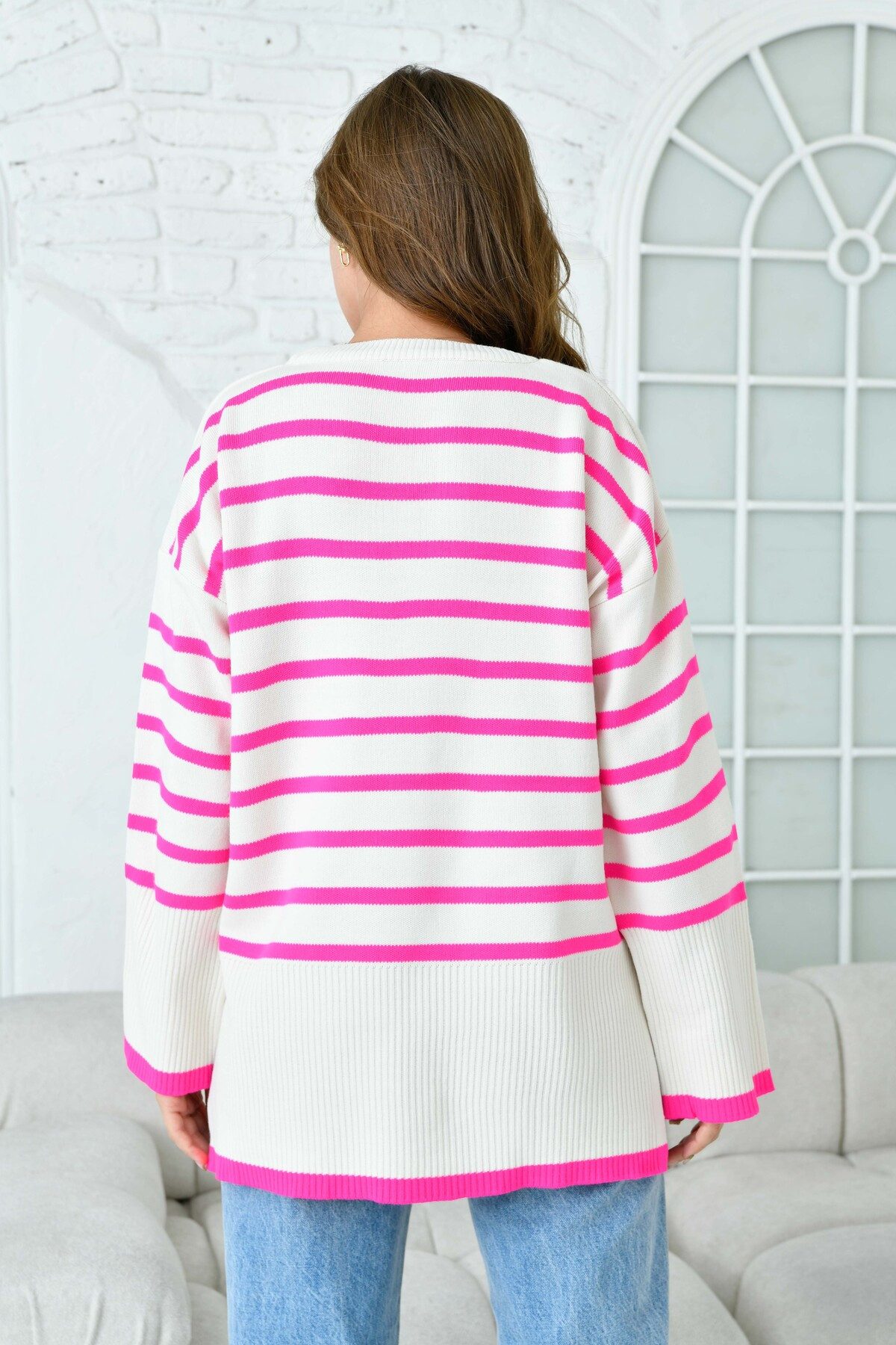 WOMAN VISION Sweater Oversize-Pullover mit Schlitz, Rundhalsausschnitt, Streifenmuster, lan